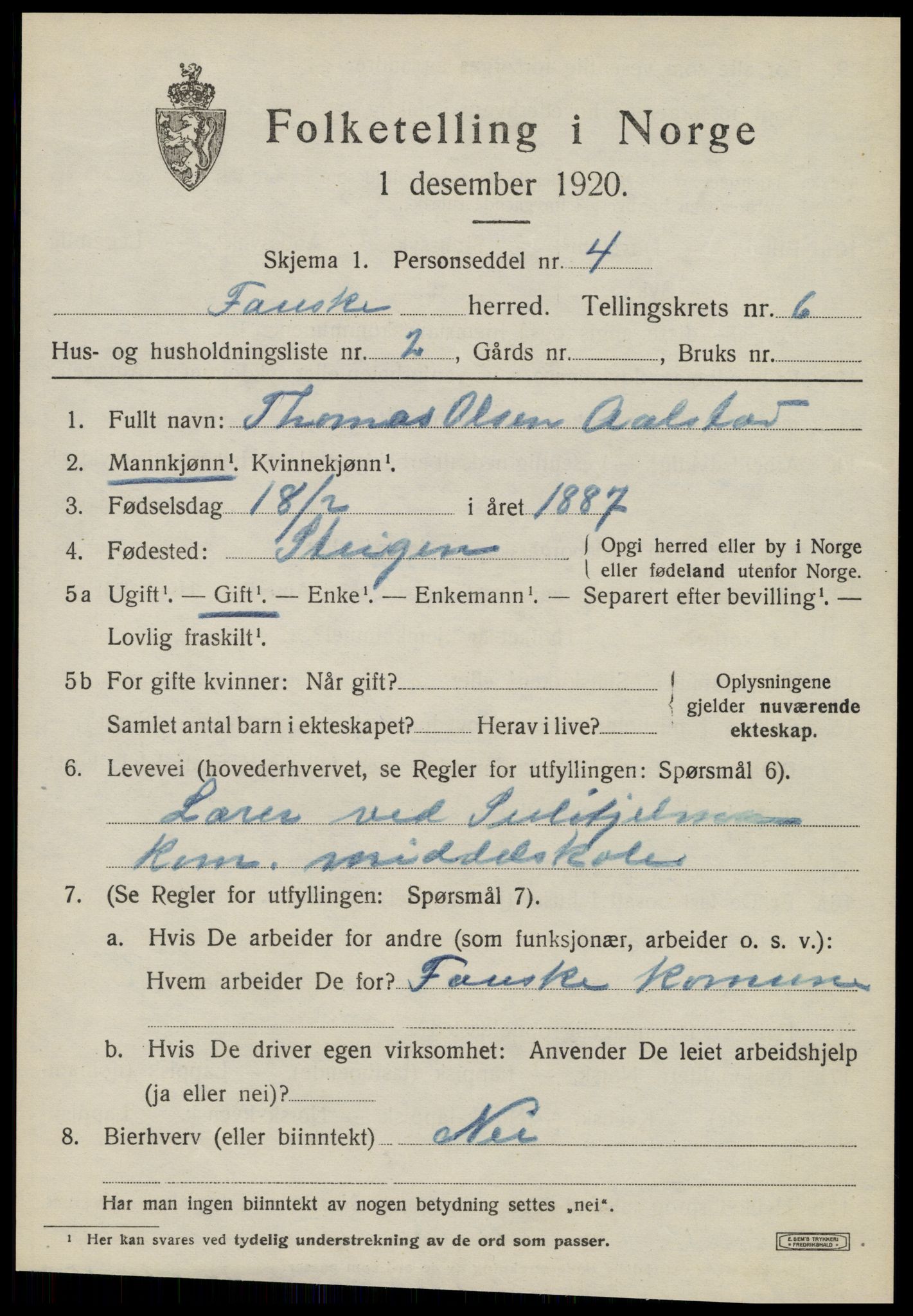 SAT, 1920 census for Fauske, 1920, p. 5450