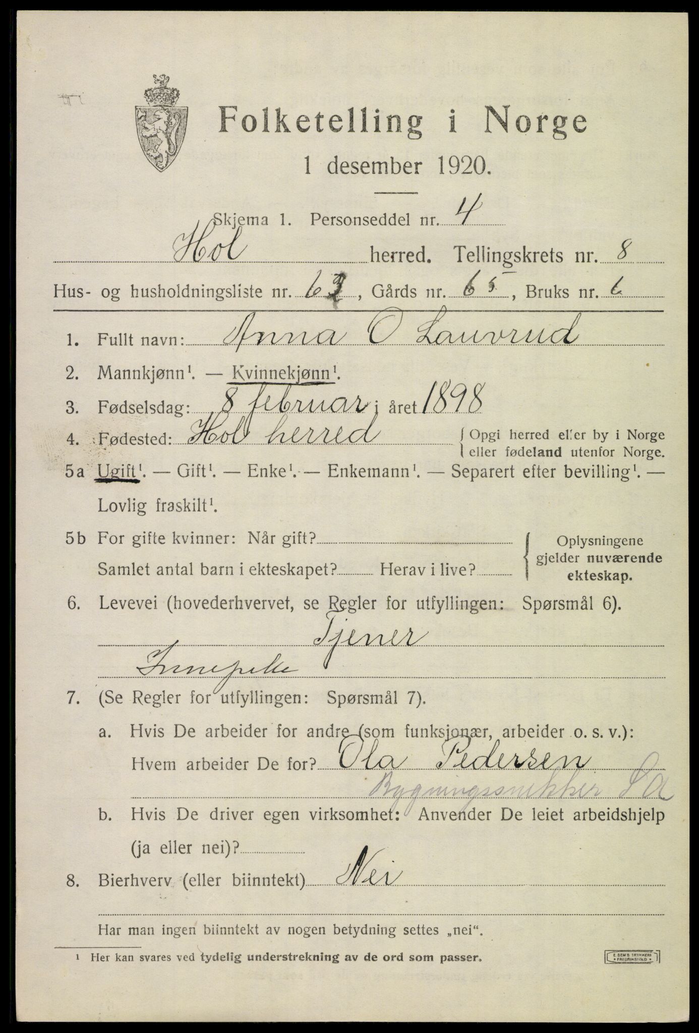 SAKO, 1920 census for Hol (Buskerud), 1920, p. 4915