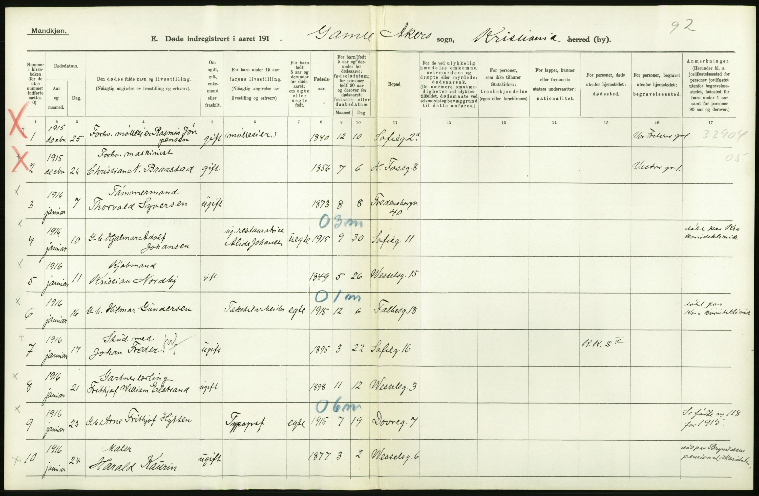 Statistisk sentralbyrå, Sosiodemografiske emner, Befolkning, RA/S-2228/D/Df/Dfb/Dfbf/L0010: Kristiania: Døde, dødfødte., 1916, p. 264