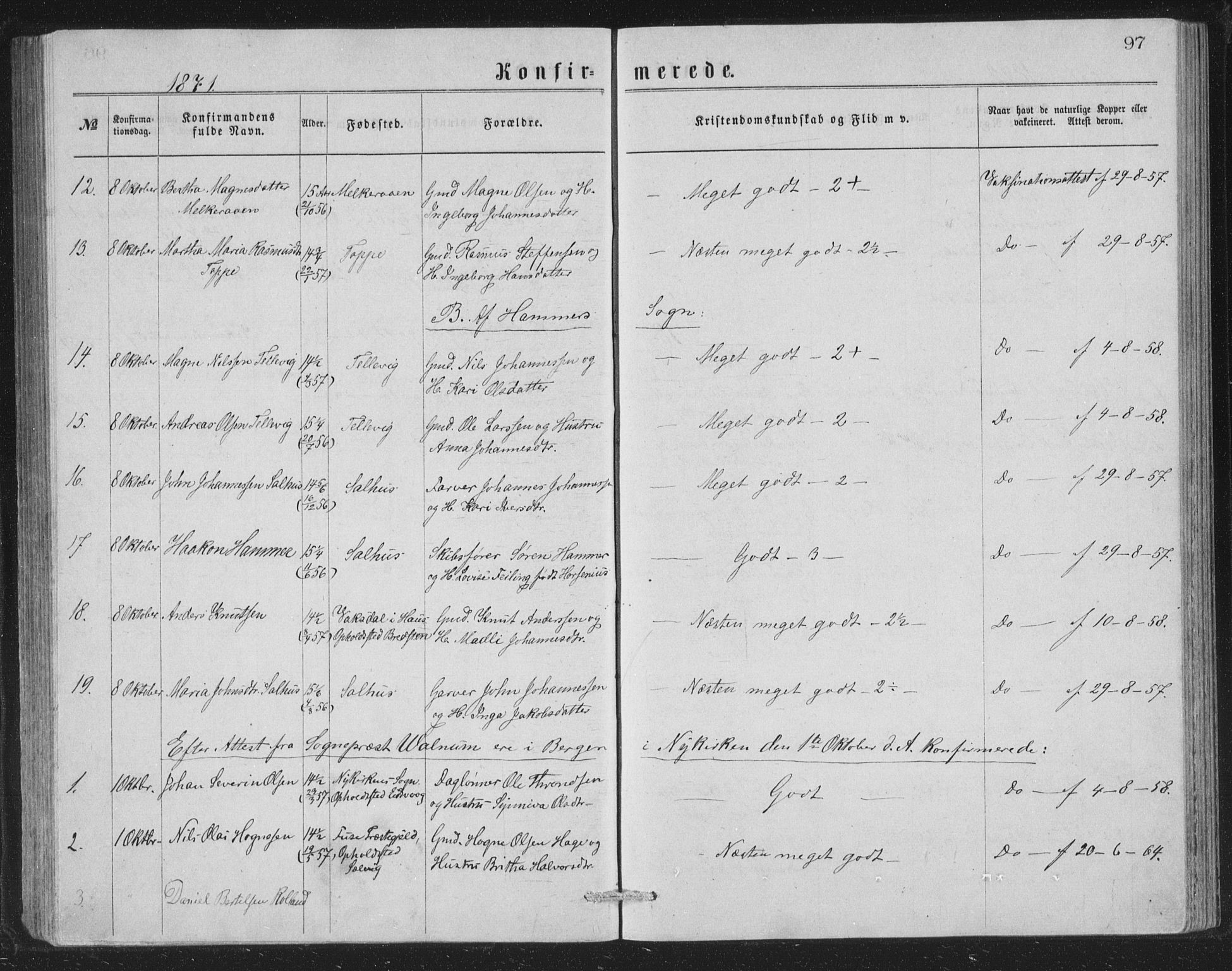Åsane sokneprestembete, SAB/A-79401/H/Hab: Parish register (copy) no. A 1, 1870-1884, p. 97