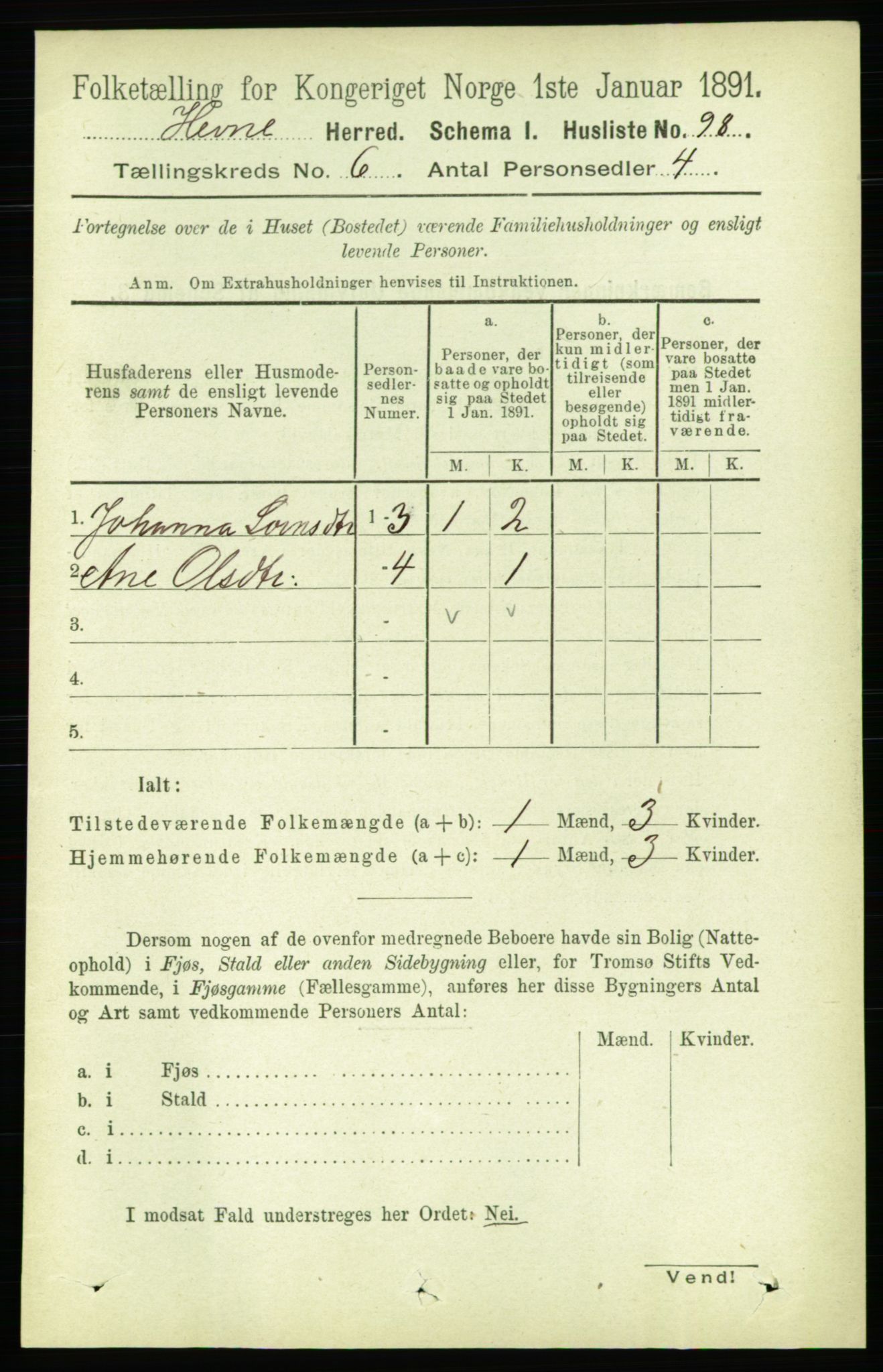 RA, 1891 census for 1612 Hemne, 1891, p. 3412