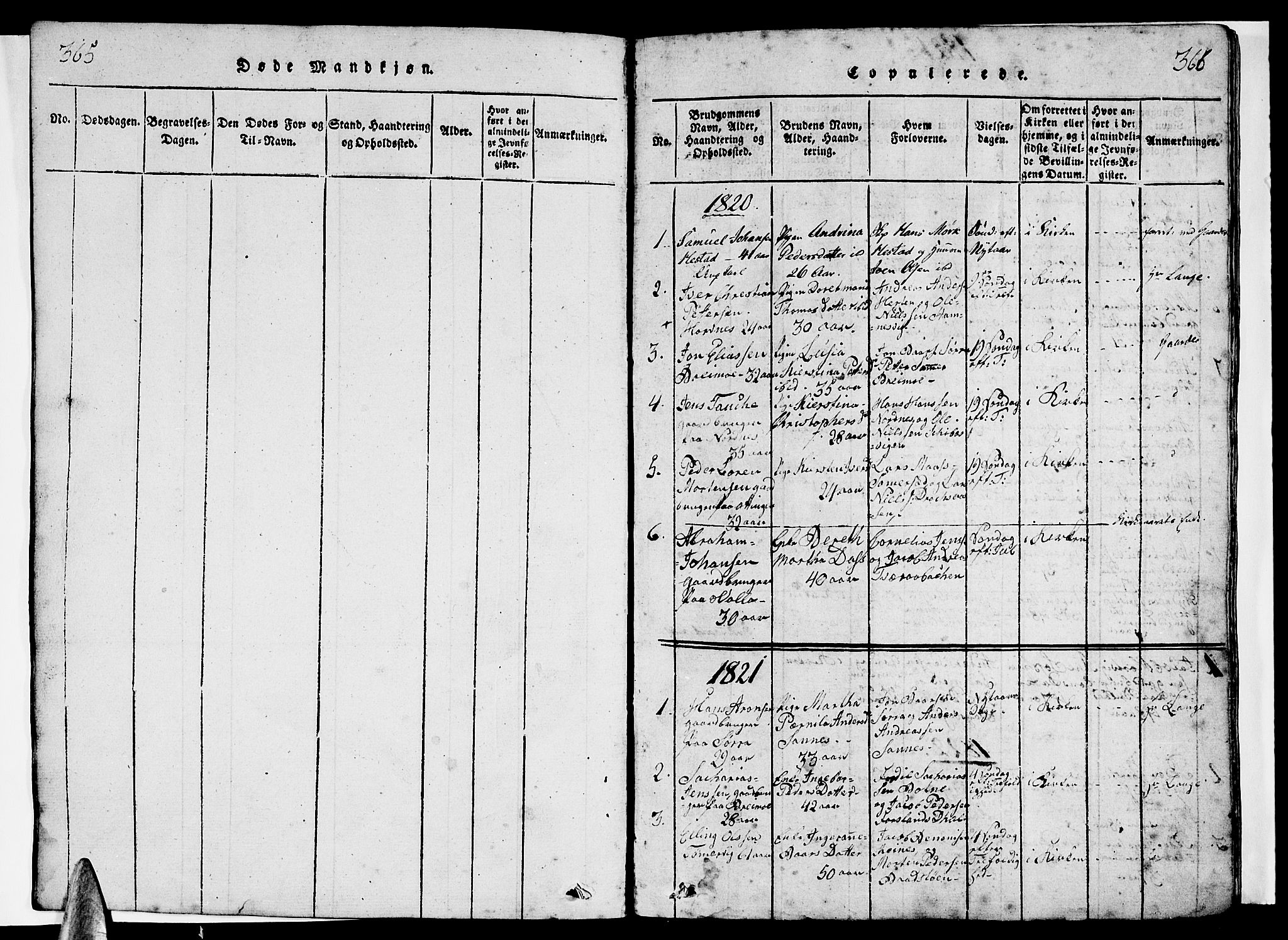 Ministerialprotokoller, klokkerbøker og fødselsregistre - Nordland, AV/SAT-A-1459/831/L0474: Parish register (copy) no. 831C01, 1820-1850, p. 365-366