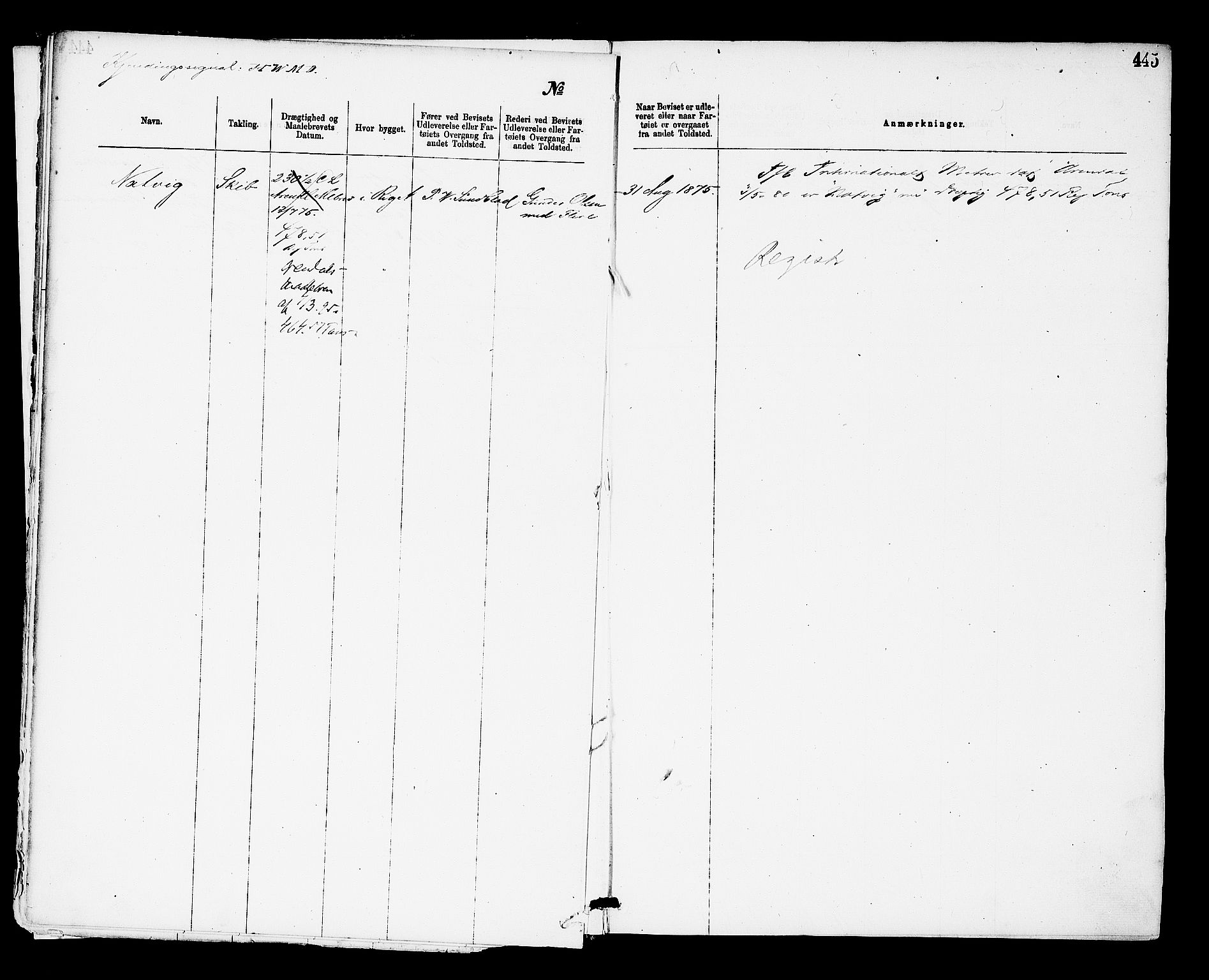 Arendal tollsted, AV/SAK-1351-0003/H/Ha/L0643: Protokoll over utleverte nasjonalitetsbevis, 1875-1892, p. 445