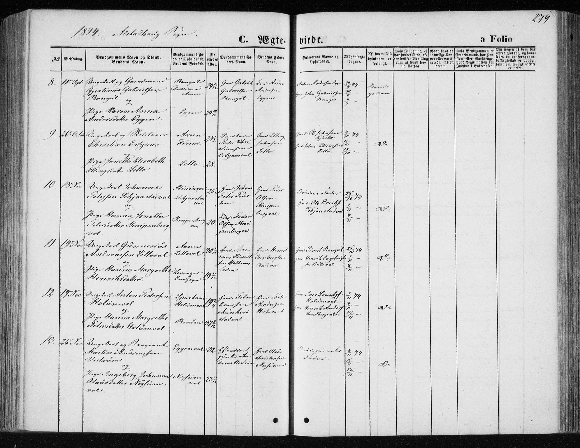 Ministerialprotokoller, klokkerbøker og fødselsregistre - Nord-Trøndelag, SAT/A-1458/717/L0157: Parish register (official) no. 717A08 /1, 1863-1877, p. 279