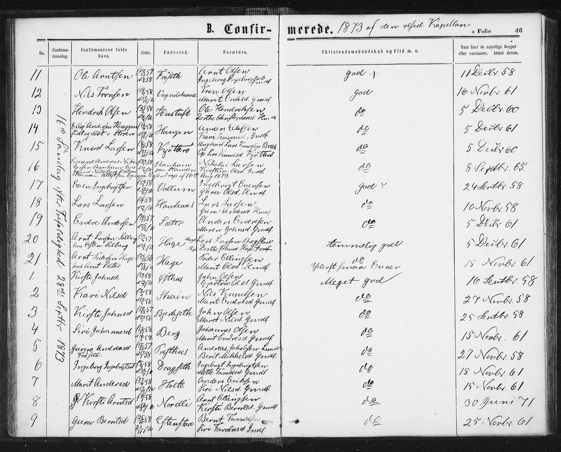 Ministerialprotokoller, klokkerbøker og fødselsregistre - Sør-Trøndelag, SAT/A-1456/689/L1039: Parish register (official) no. 689A04, 1865-1878, p. 46