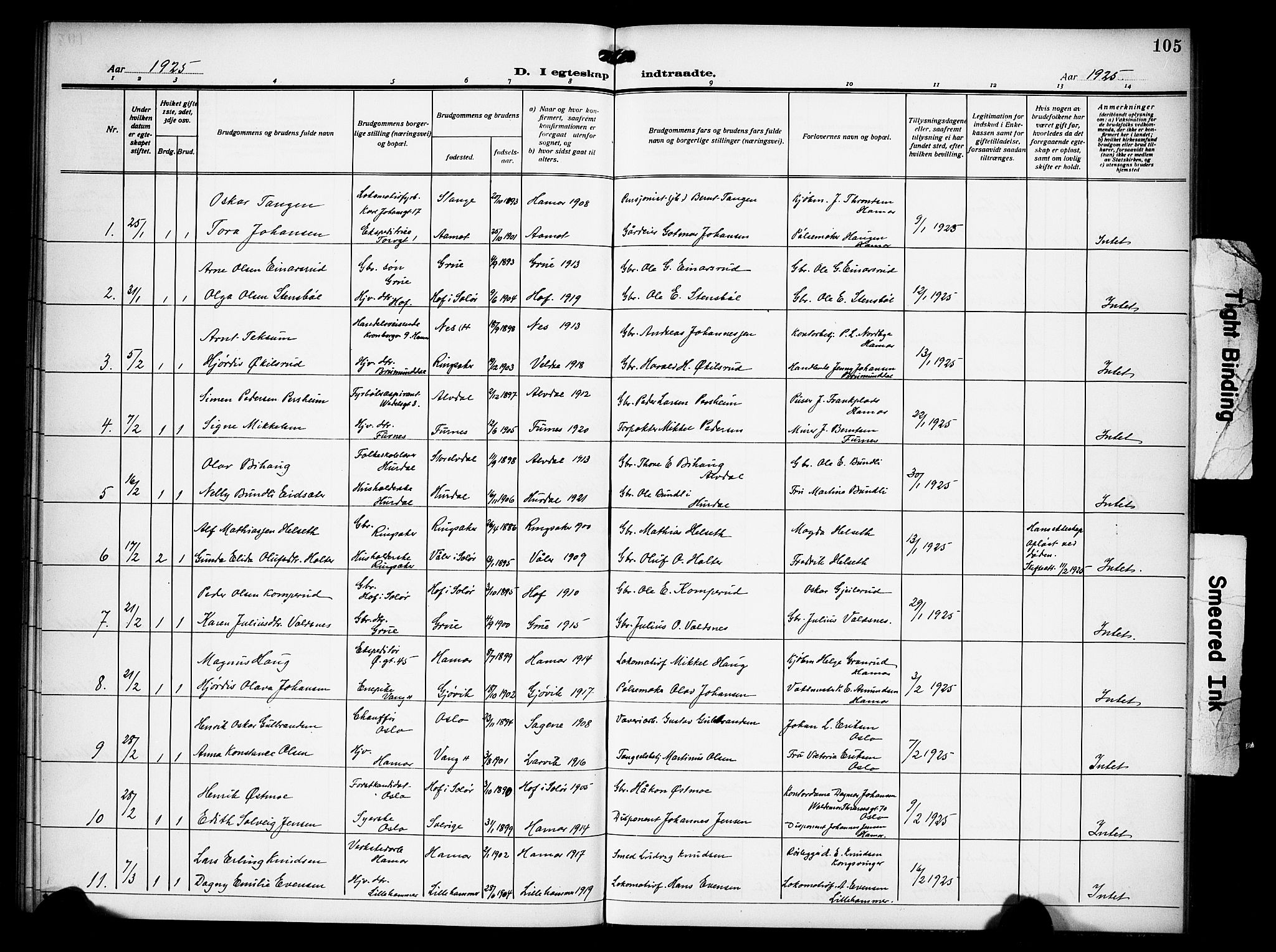 Hamar prestekontor, AV/SAH-DOMPH-002/H/Ha/Hab/L0003: Parish register (copy) no. 3, 1913-1930, p. 105