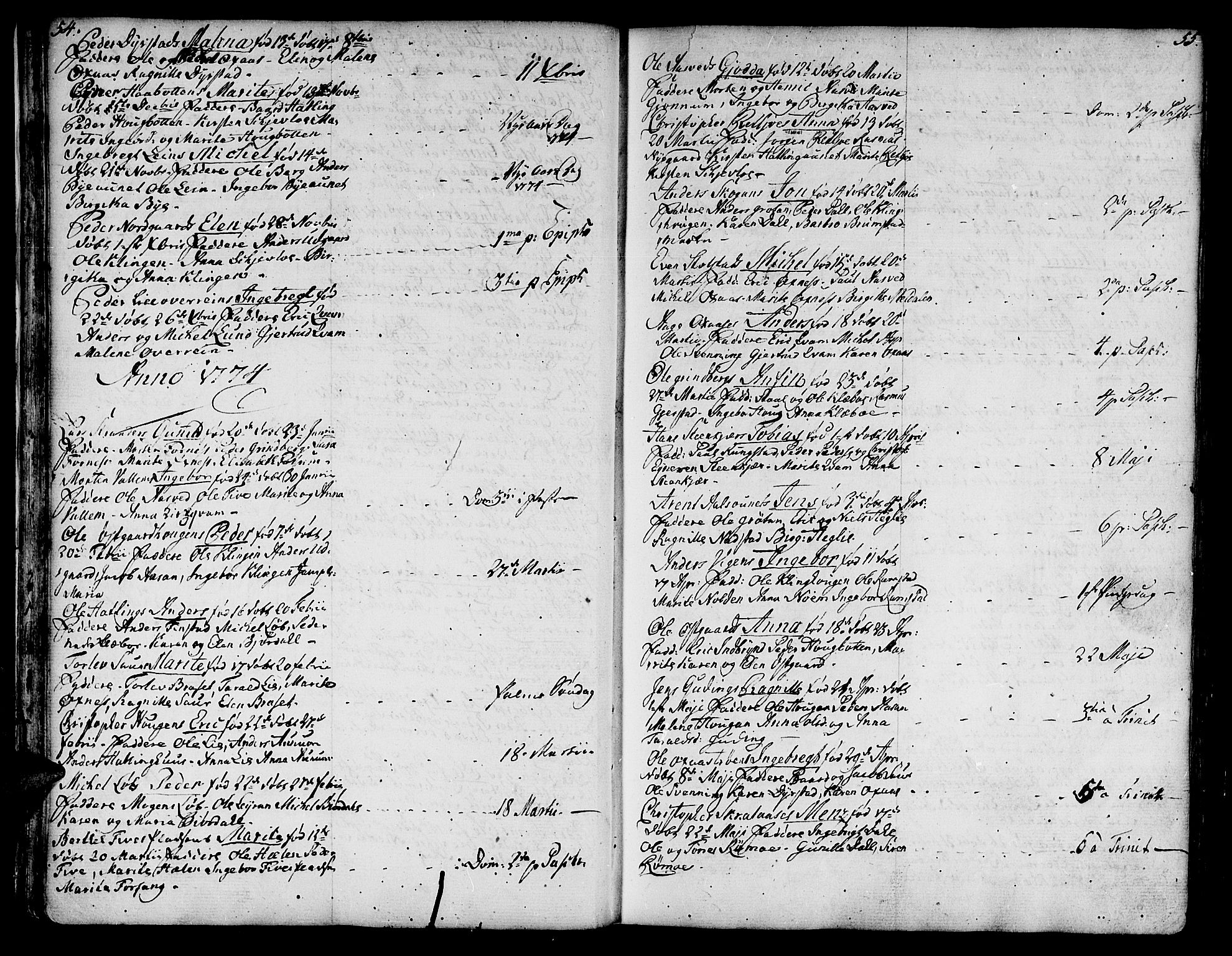 Ministerialprotokoller, klokkerbøker og fødselsregistre - Nord-Trøndelag, SAT/A-1458/746/L0440: Parish register (official) no. 746A02, 1760-1815, p. 54-55