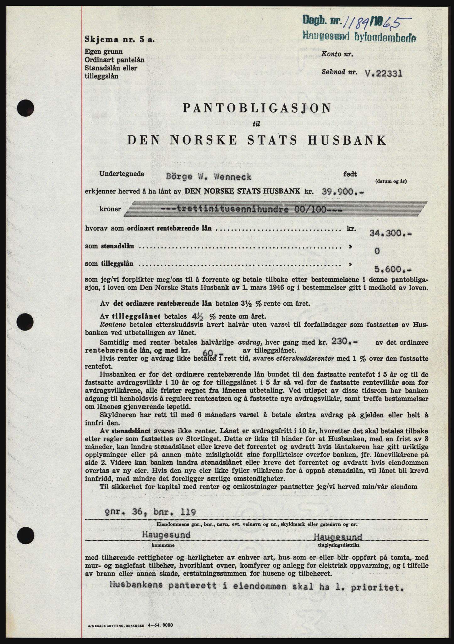 Haugesund tingrett, SAST/A-101415/01/II/IIC/L0053: Mortgage book no. B 53, 1965-1965, Diary no: : 1189/1965