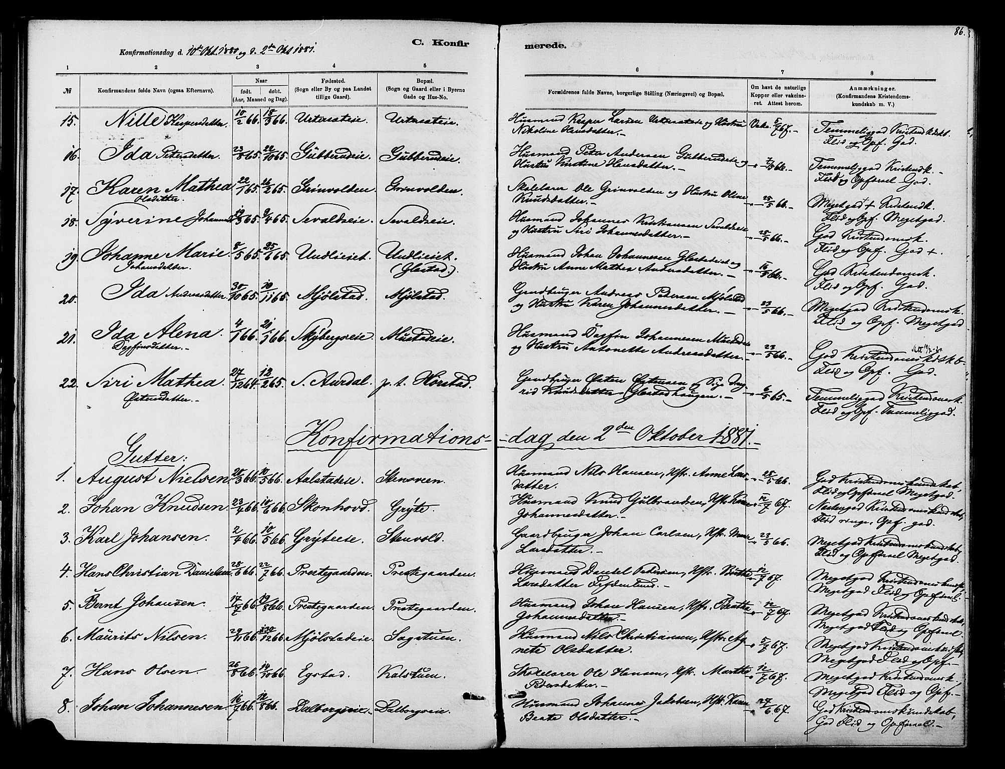Vardal prestekontor, SAH/PREST-100/H/Ha/Haa/L0010: Parish register (official) no. 10, 1878-1893, p. 86