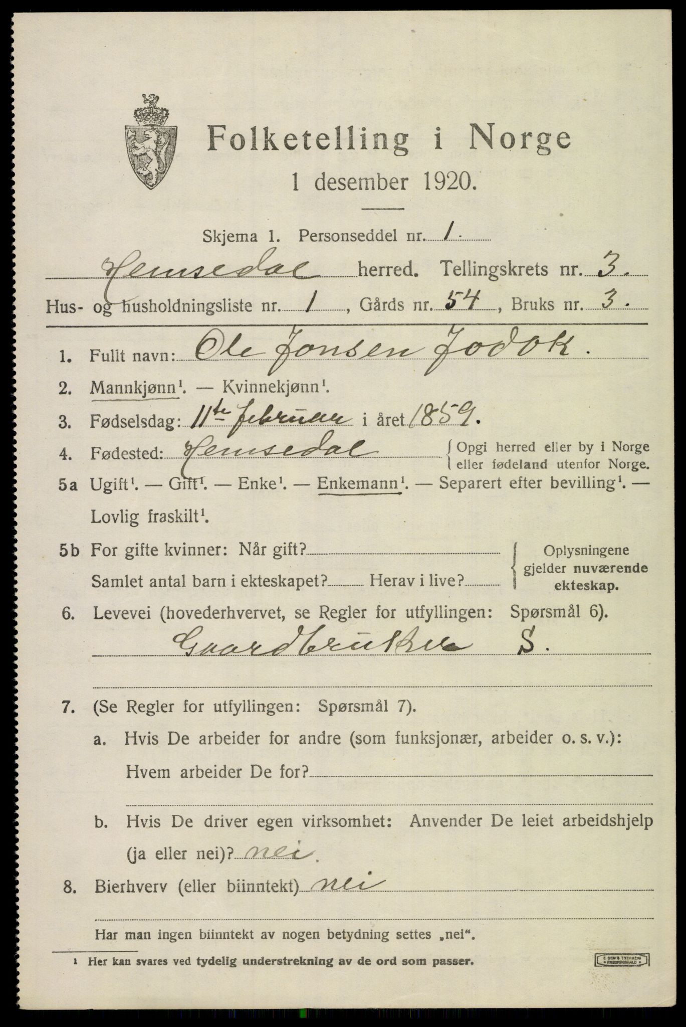 SAKO, 1920 census for Hemsedal, 1920, p. 986