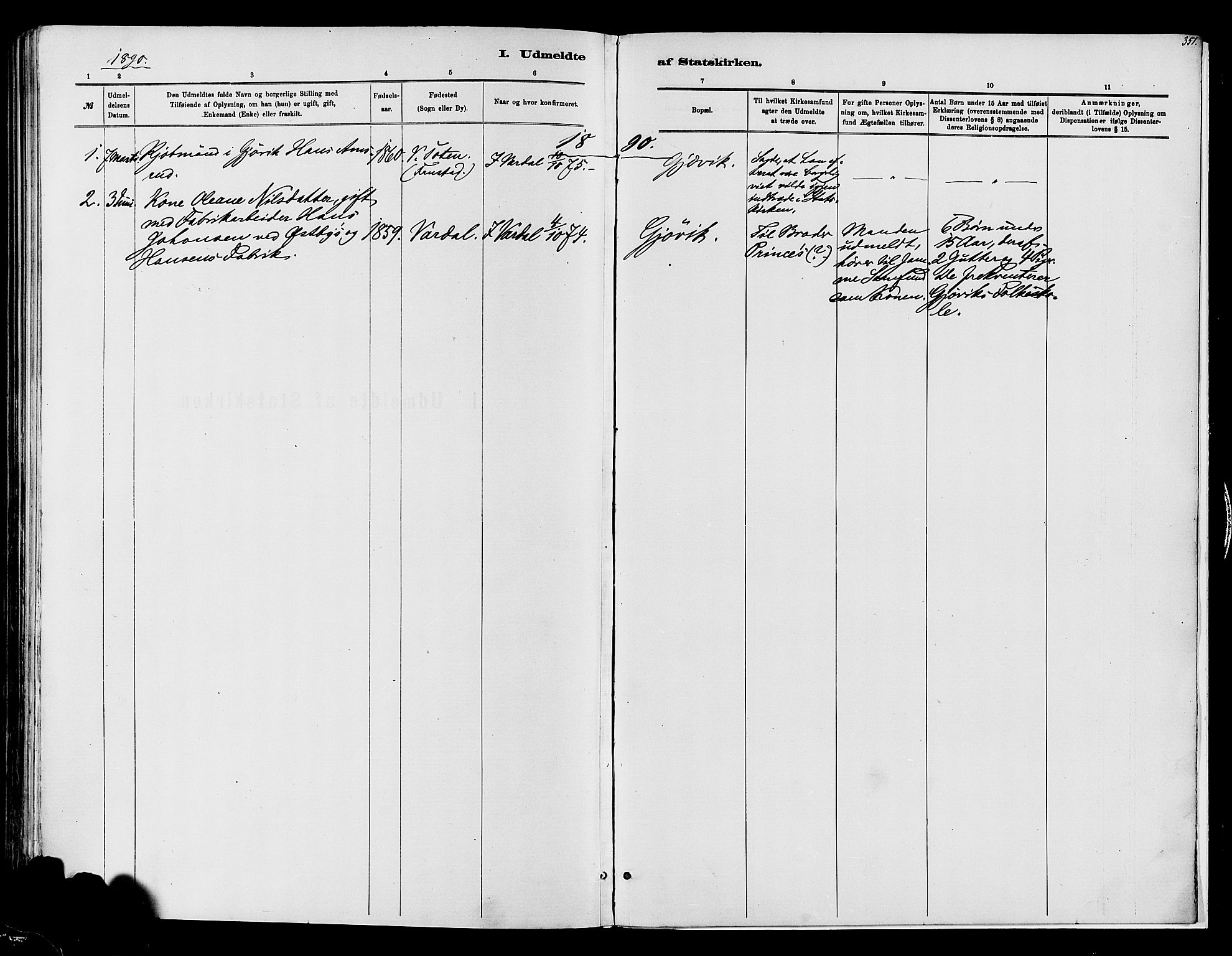 Vardal prestekontor, SAH/PREST-100/H/Ha/Haa/L0008: Parish register (official) no. 8, 1878-1890, p. 351