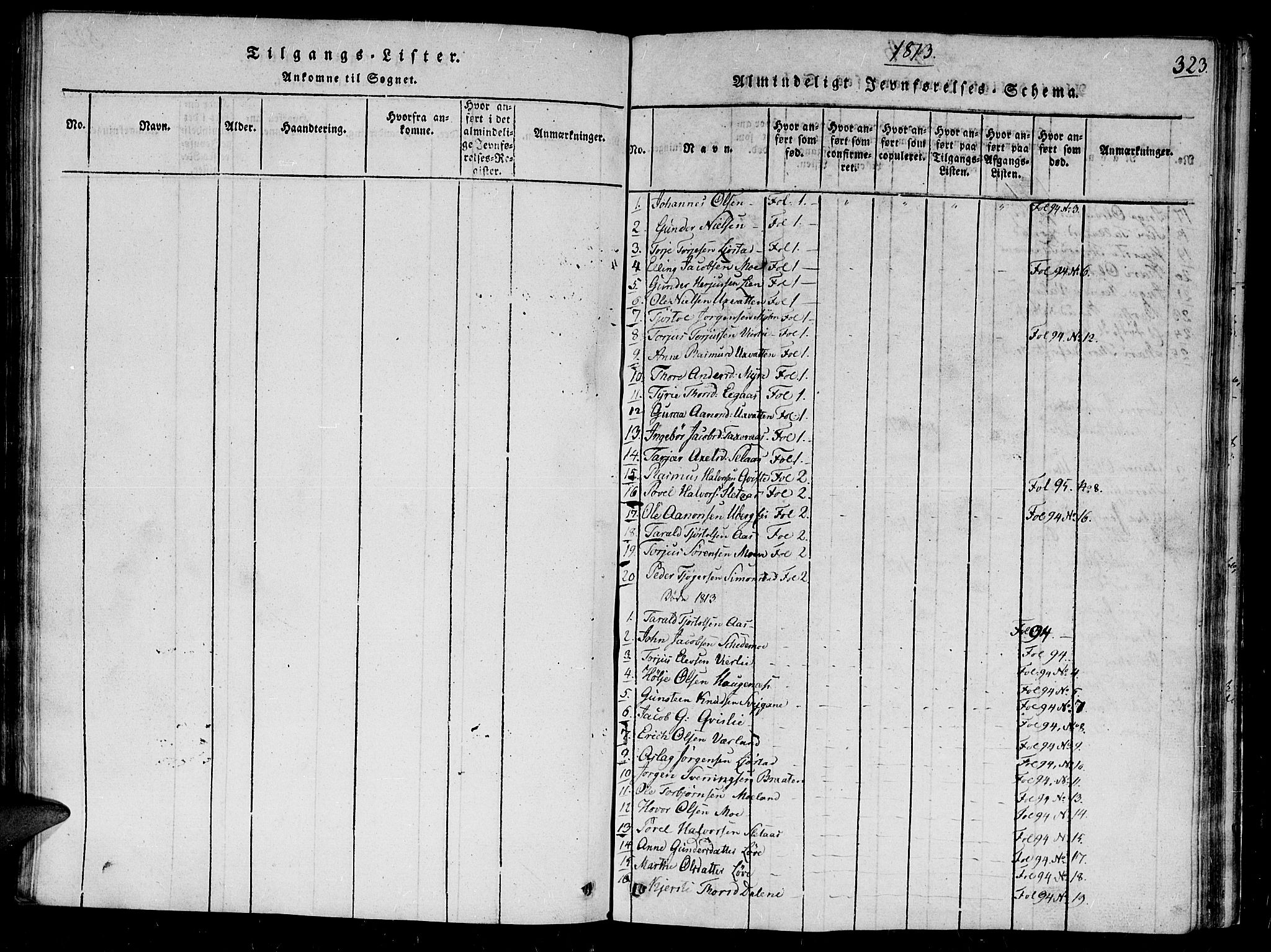Gjerstad sokneprestkontor, SAK/1111-0014/F/Fb/Fbb/L0001: Parish register (copy) no. B 1, 1813-1863, p. 323