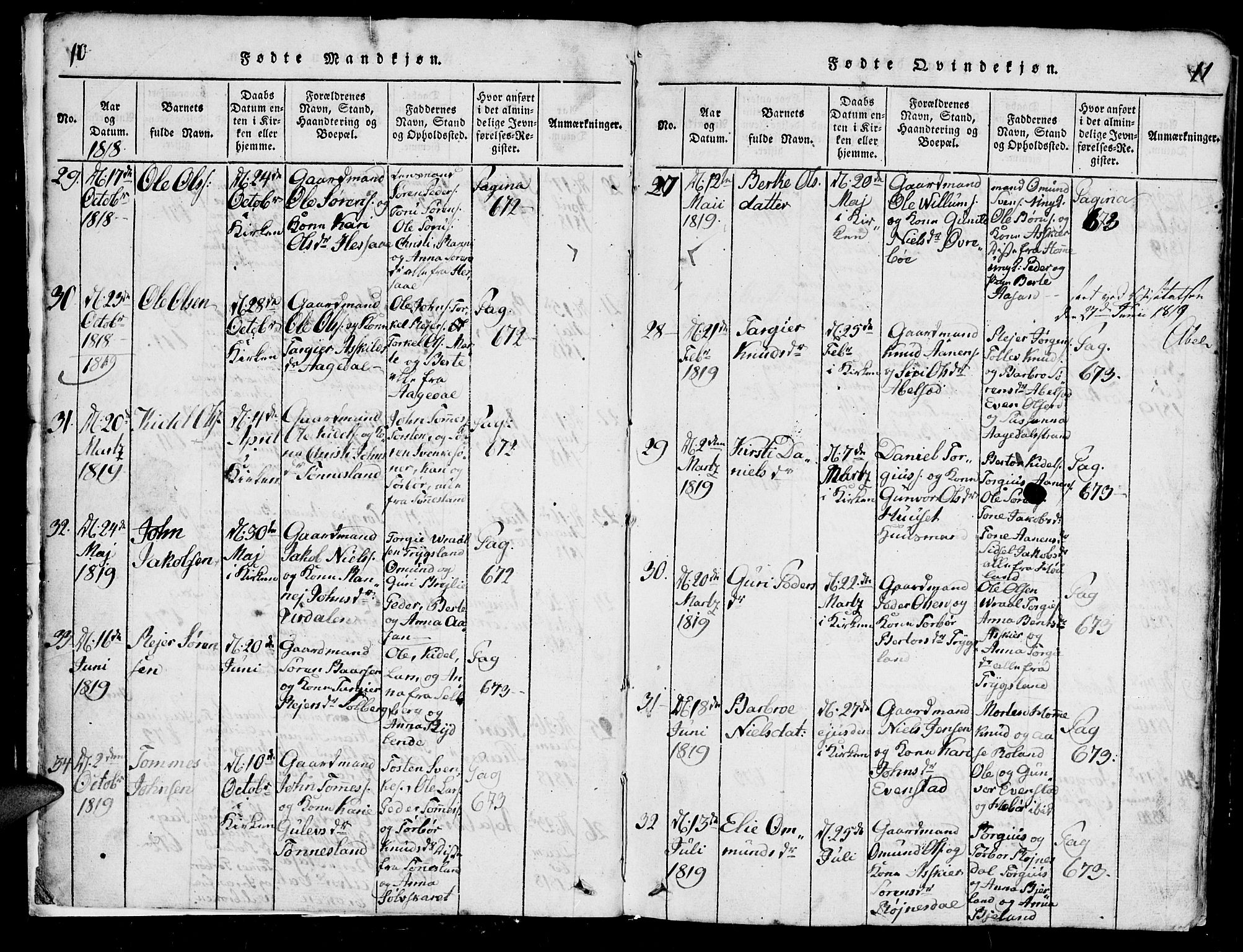 Bjelland sokneprestkontor, AV/SAK-1111-0005/F/Fb/Fba/L0003: Parish register (copy) no. B 3, 1816-1870, p. 10-11