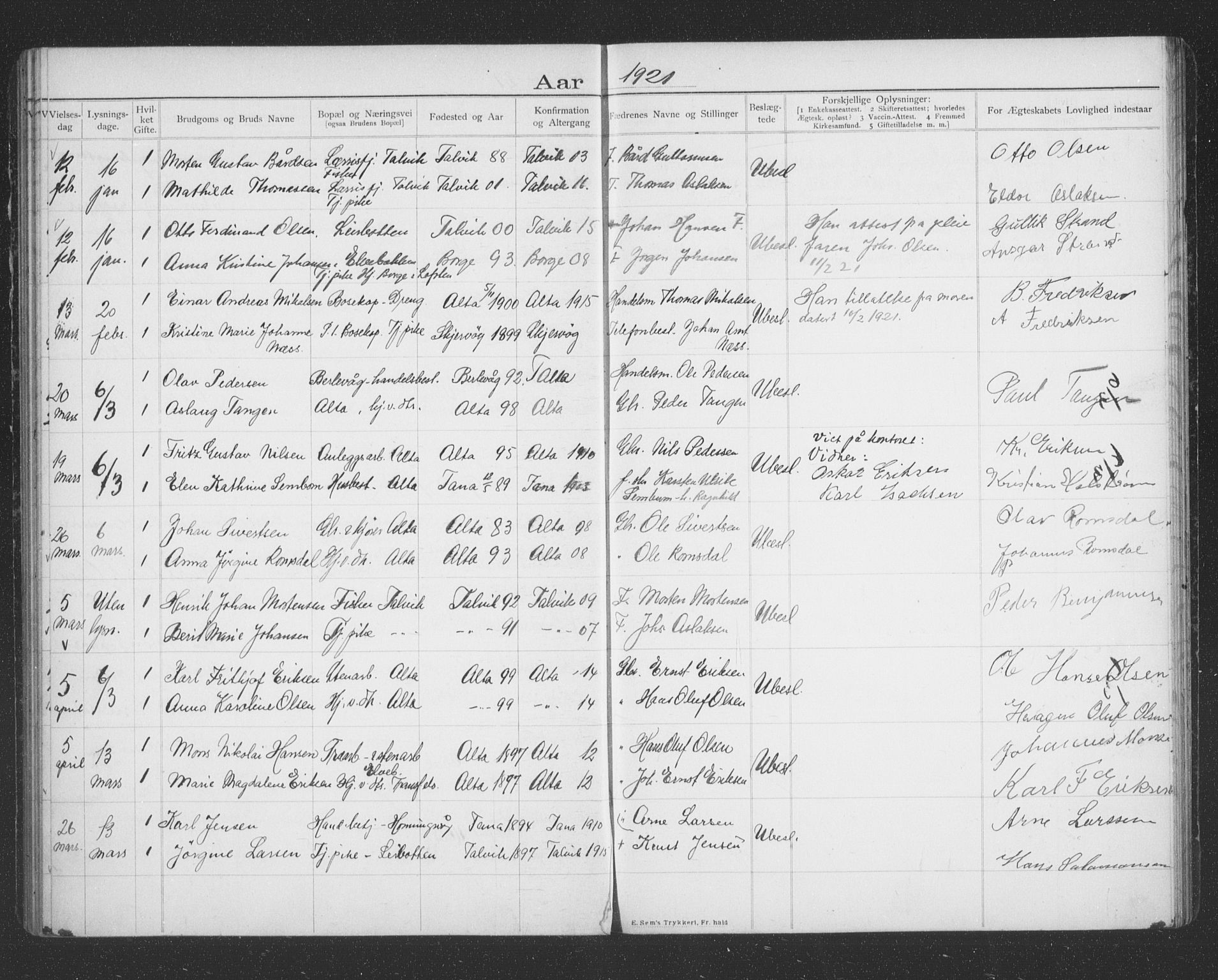 Alta sokneprestkontor, AV/SATØ-S-1338/I/Ib/L0045: Banns register no. 45, 1903-1921