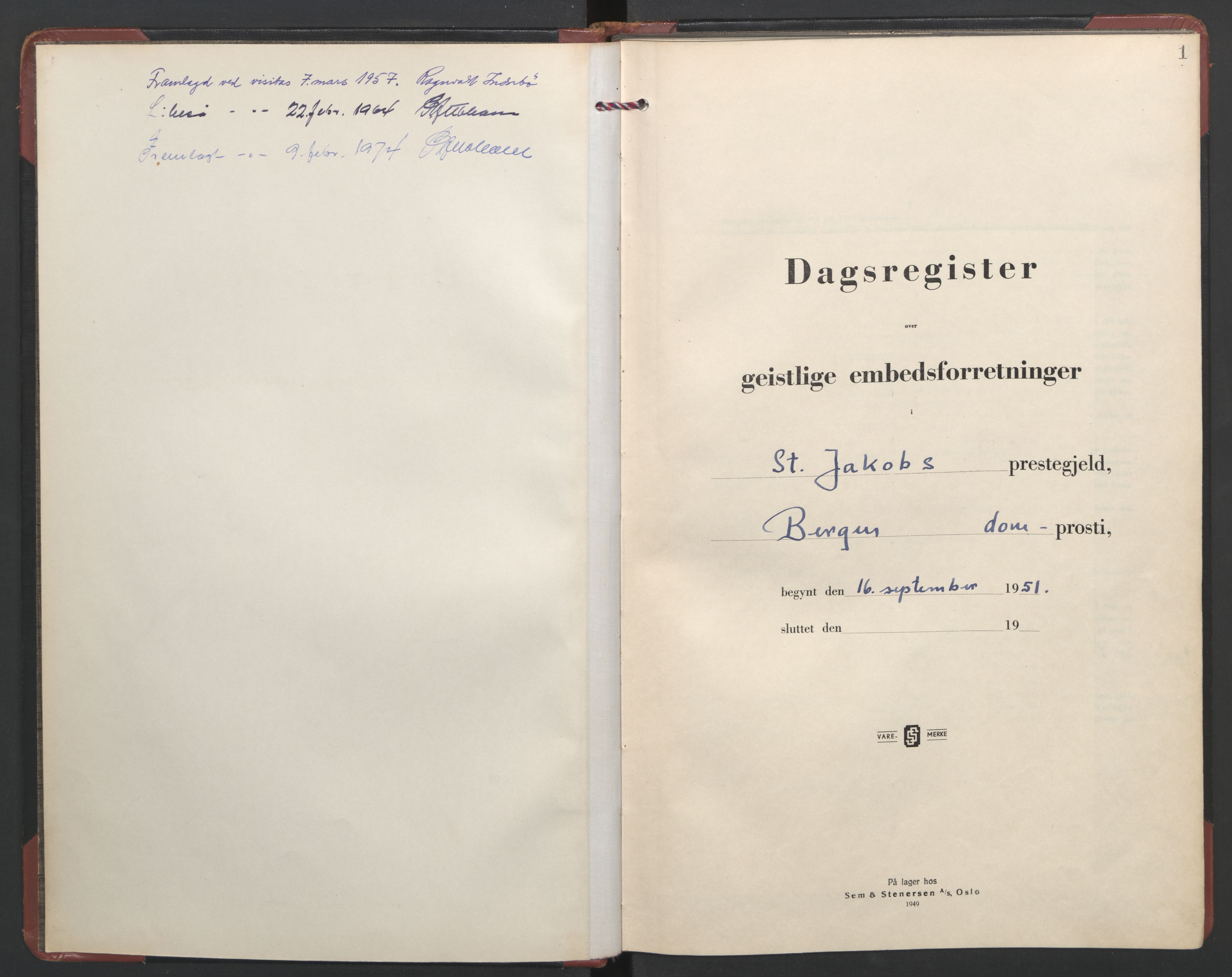 St. Jacob sokneprestembete, SAB/A-78001/H/Haa/L0015: Diary records no. E 4, 1951-1974, p. 0b-1a