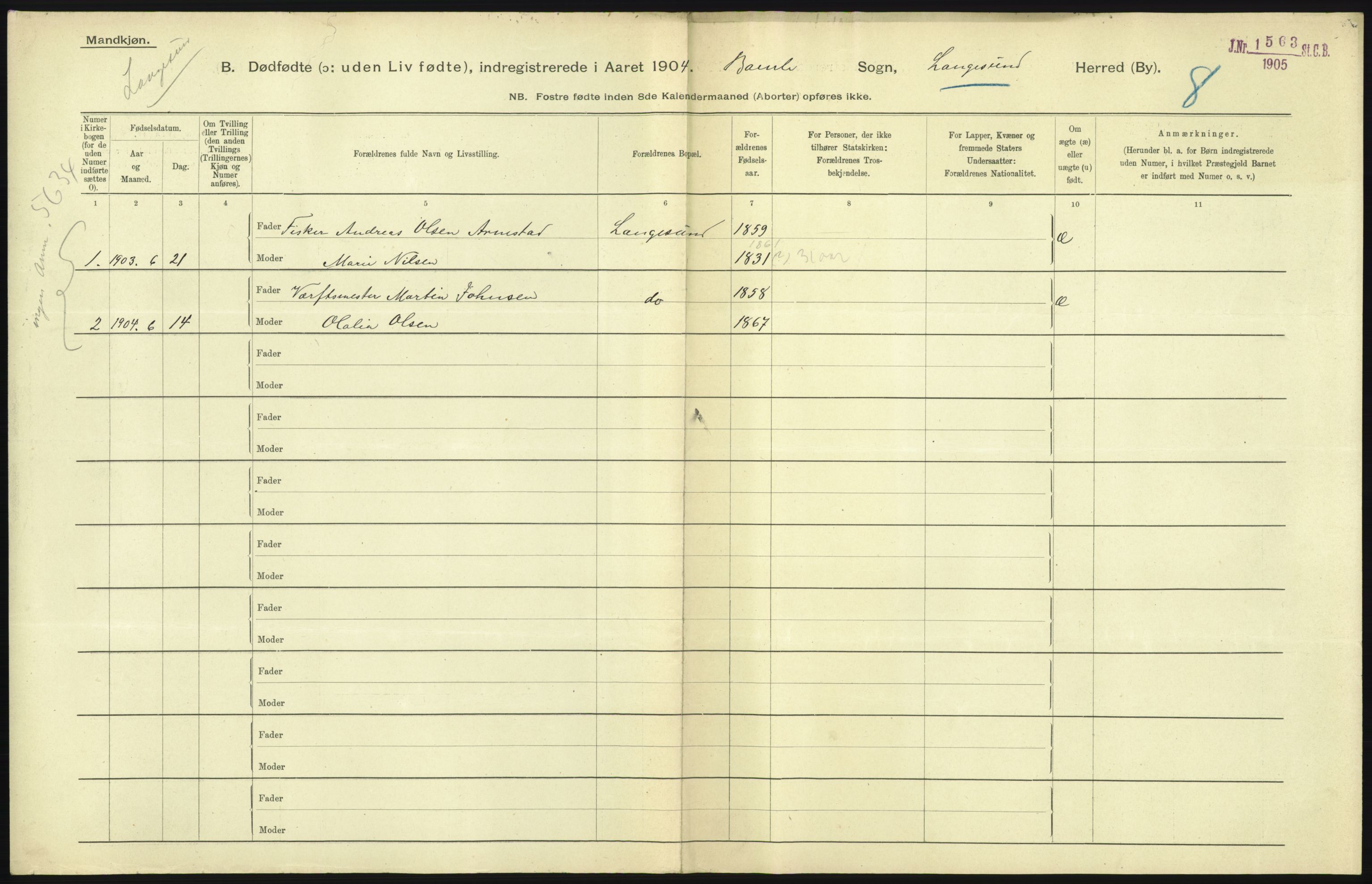 Statistisk sentralbyrå, Sosiodemografiske emner, Befolkning, RA/S-2228/D/Df/Dfa/Dfab/L0027: Smålenes amt - Finnmarkens amt: Dødfødte. Byer, 1904, p. 135