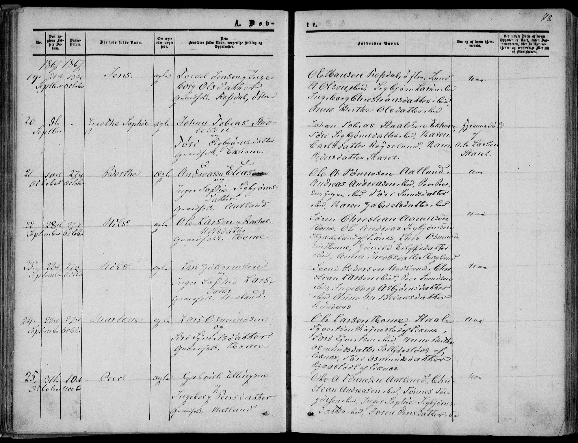 Bakke sokneprestkontor, AV/SAK-1111-0002/F/Fa/Fab/L0002: Parish register (official) no. A 2, 1855-1884, p. 78