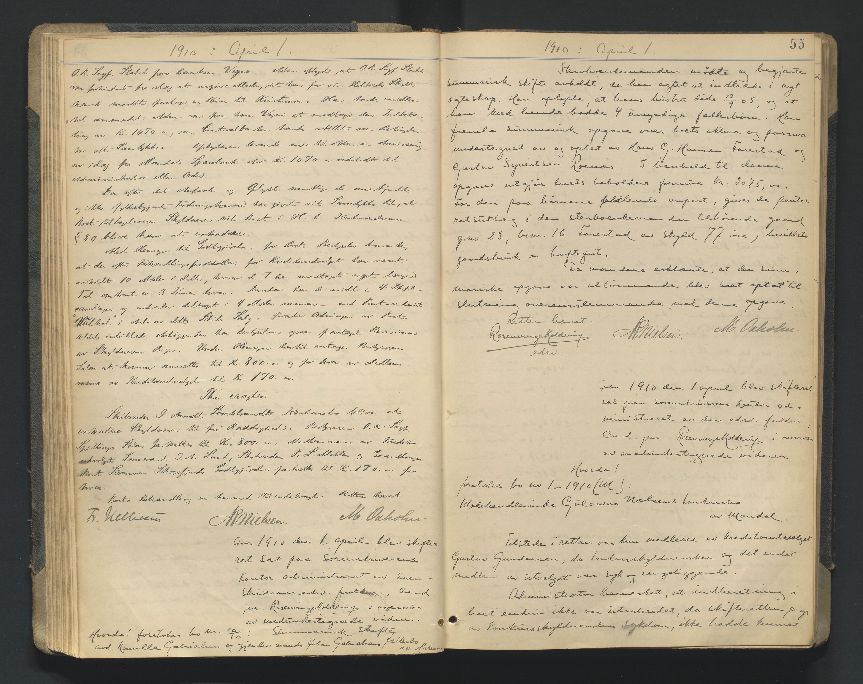 Mandal sorenskriveri, AV/SAK-1221-0005/001/H/Hc/L0081: Skifteforhandlingsprotokoll nr 13, 1909-1913, p. 55