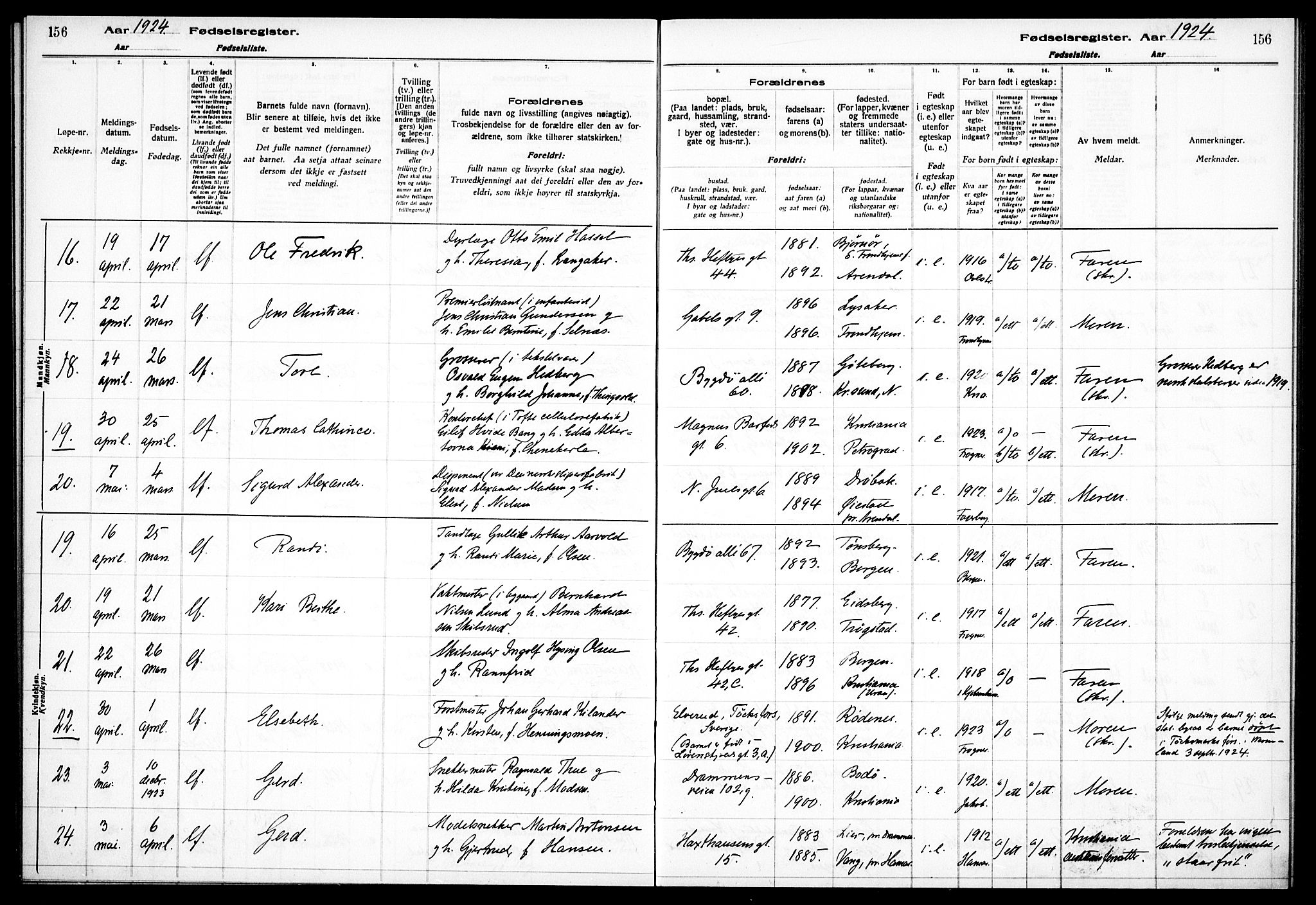 Frogner prestekontor Kirkebøker, AV/SAO-A-10886/J/Ja/L0001: Birth register no. 1, 1916-1927, p. 156