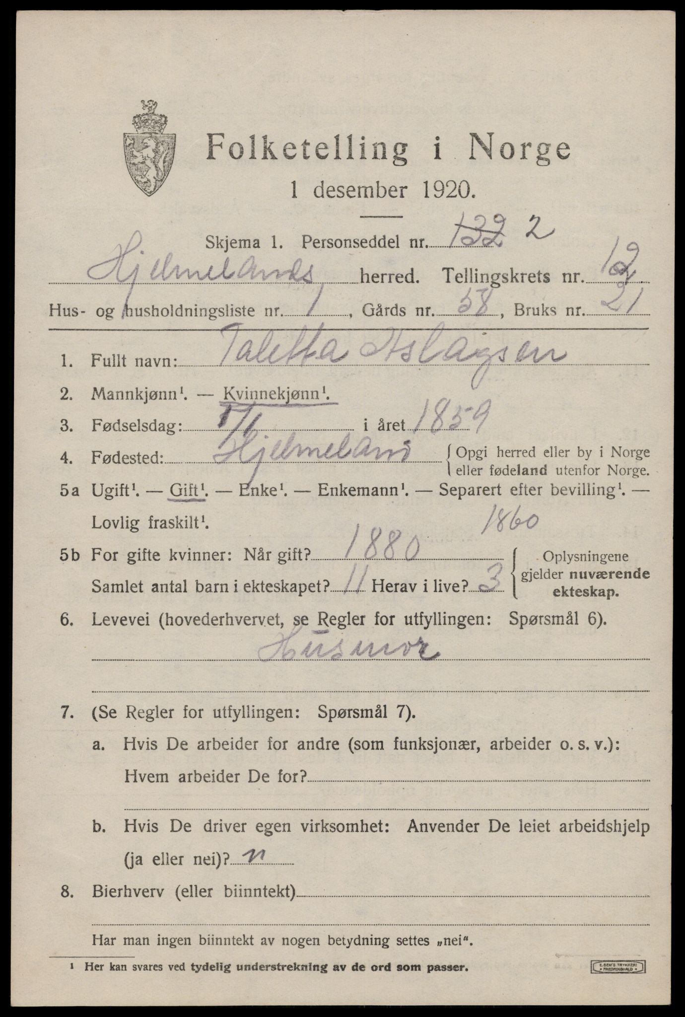 SAST, 1920 census for Hjelmeland, 1920, p. 3633