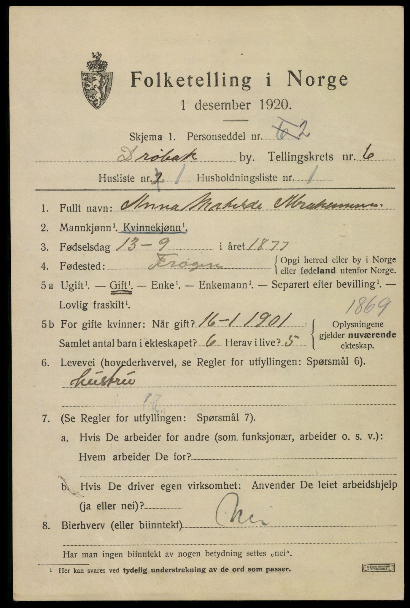 SAO, 1920 census for Drøbak, 1920, p. 4959