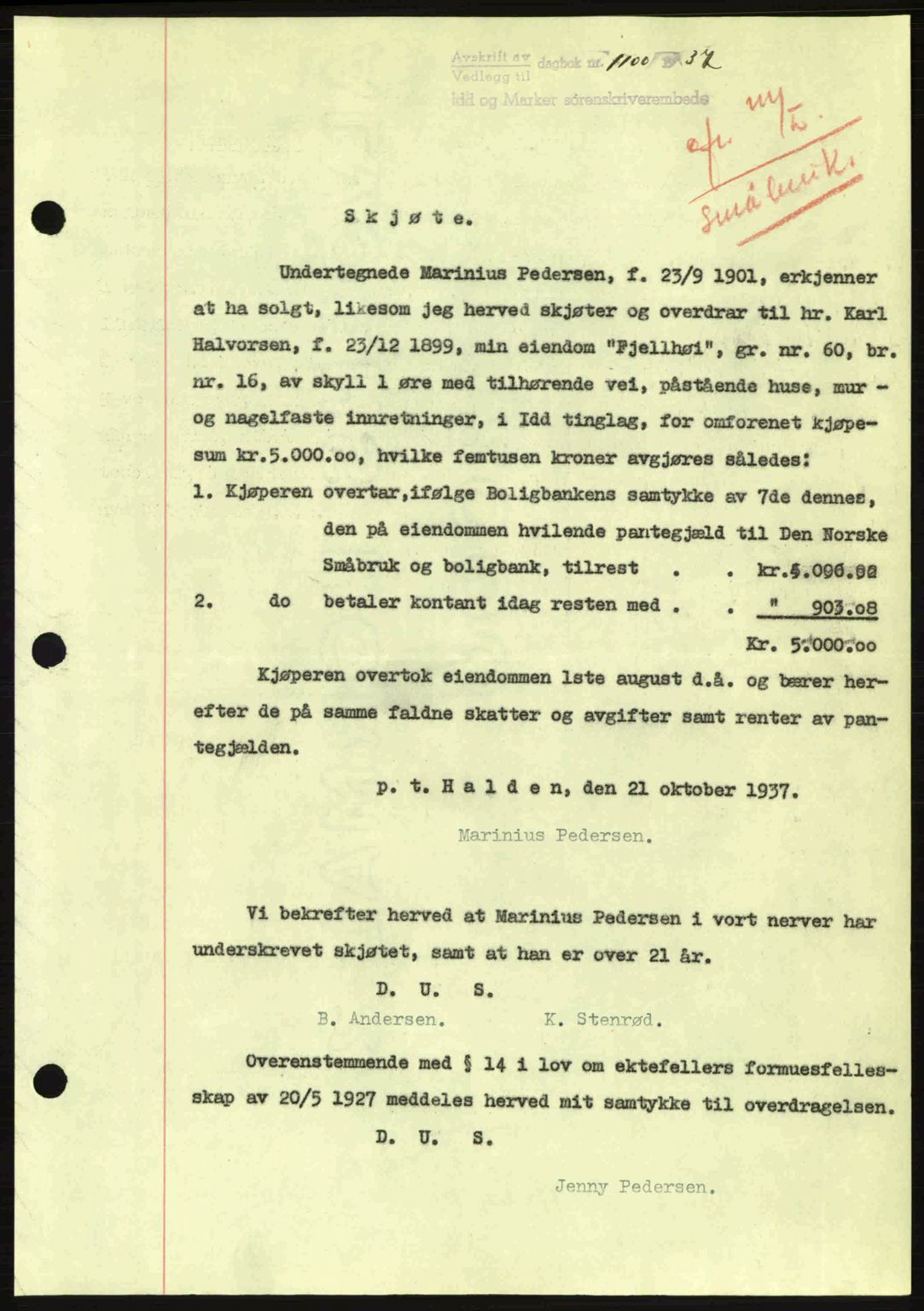 Idd og Marker sorenskriveri, AV/SAO-A-10283/G/Gb/Gbb/L0002: Mortgage book no. A2, 1937-1938, Diary no: : 1100/1937