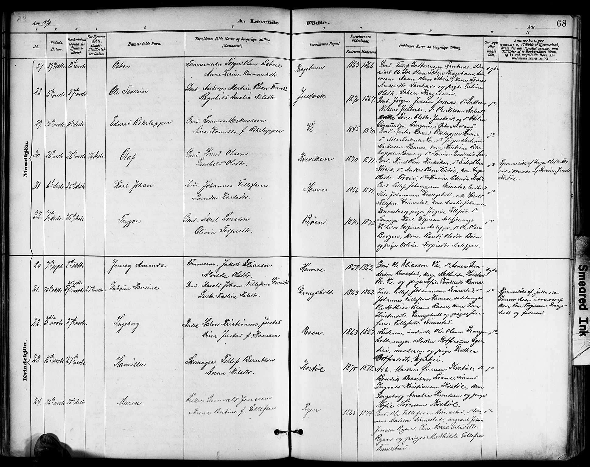 Tveit sokneprestkontor, AV/SAK-1111-0043/F/Fb/L0004: Parish register (copy) no. B 4, 1887-1914, p. 68