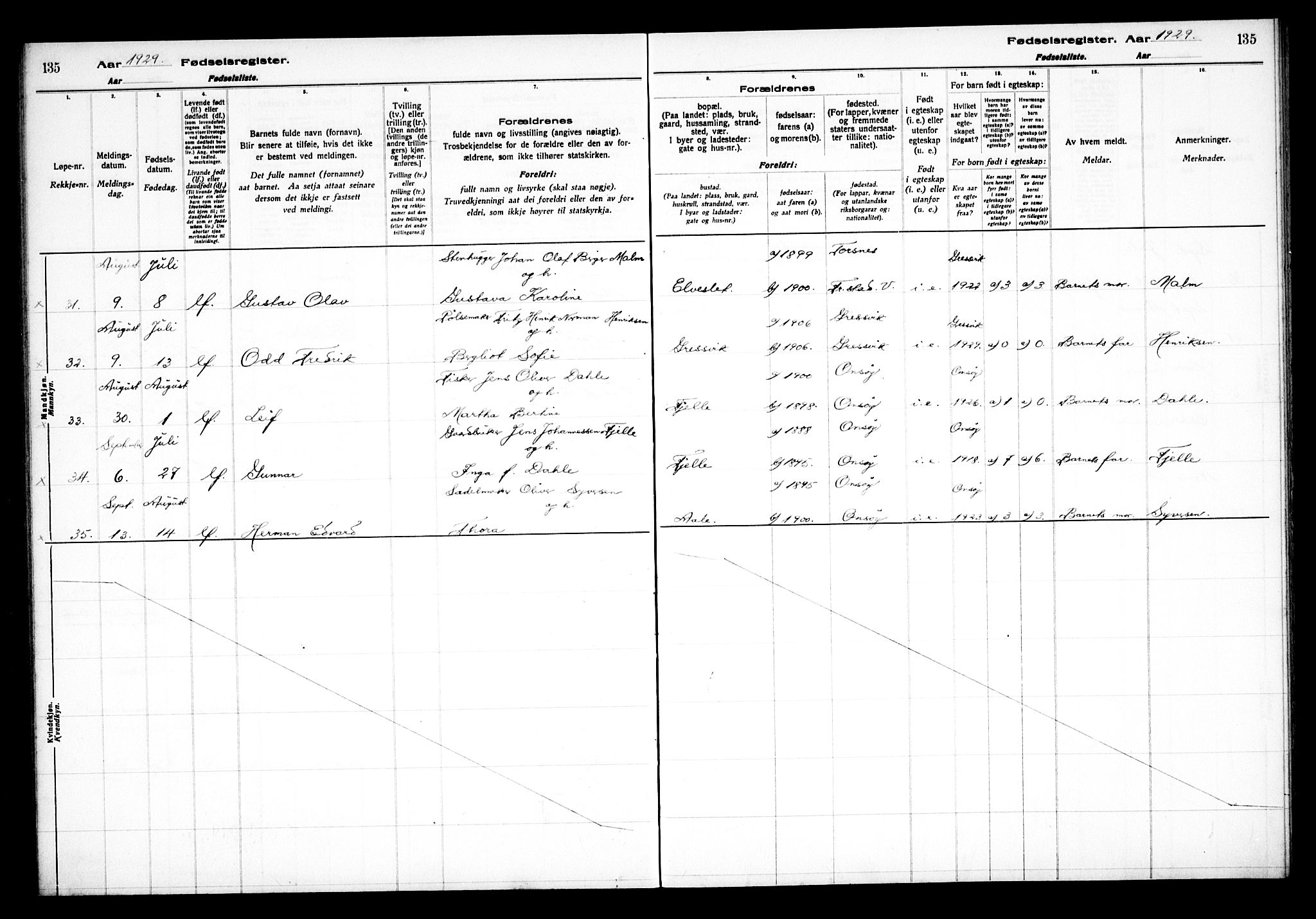 Onsøy prestekontor Kirkebøker, AV/SAO-A-10914/J/Jb/L0001: Birth register no. II 1, 1916-1938, p. 135