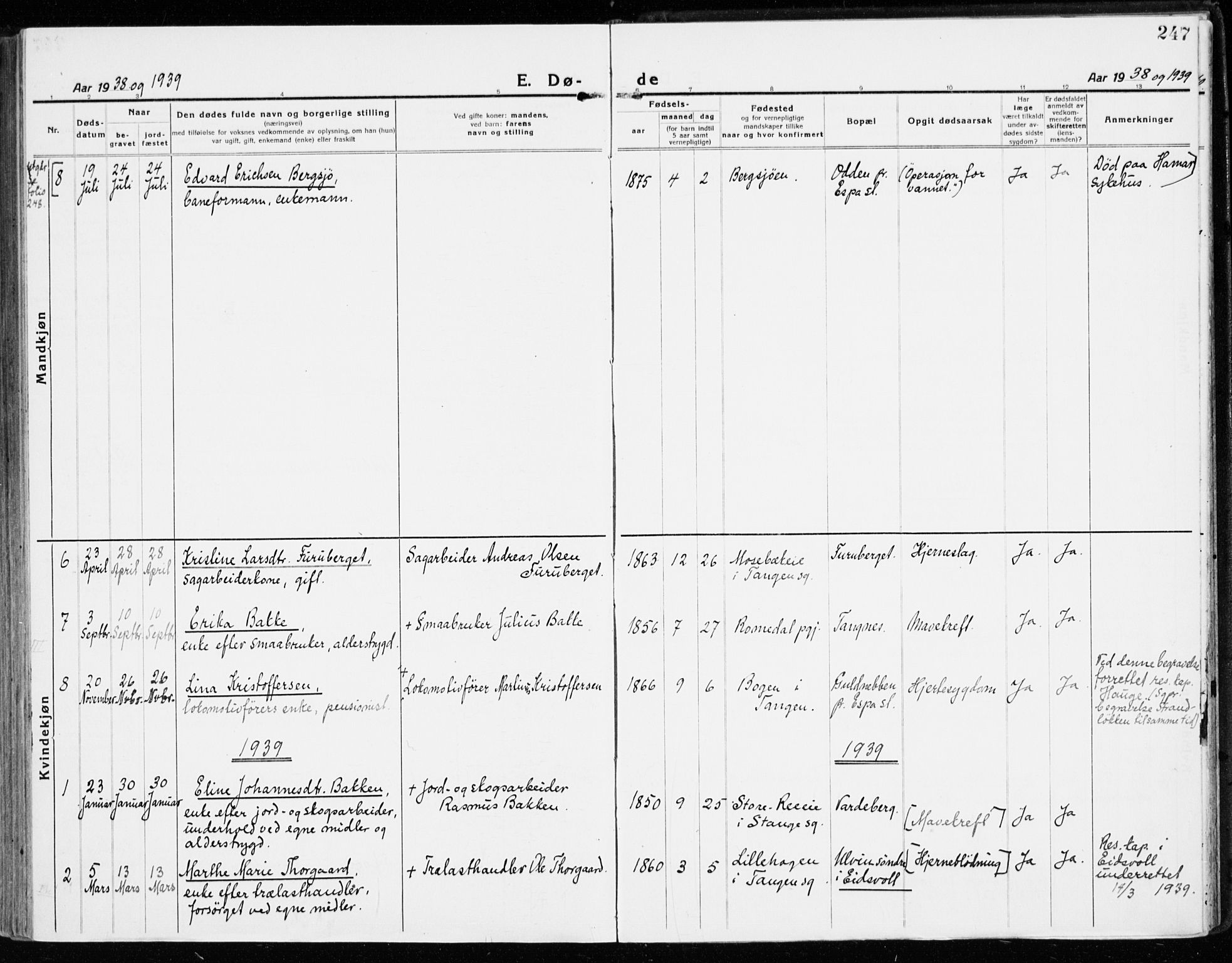 Stange prestekontor, AV/SAH-PREST-002/K/L0025: Parish register (official) no. 25, 1921-1945, p. 247