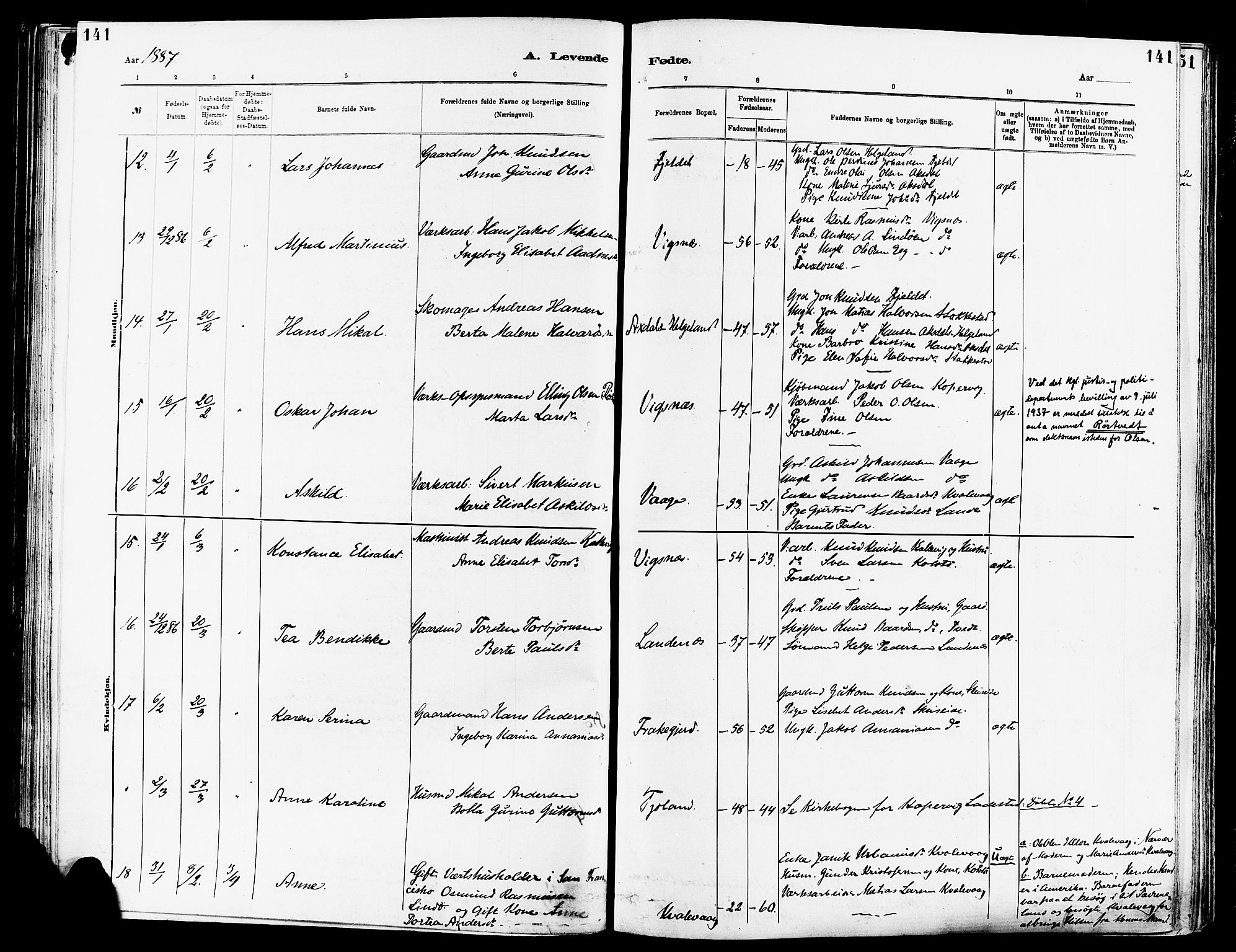 Avaldsnes sokneprestkontor, AV/SAST-A -101851/H/Ha/Haa/L0014: Parish register (official) no. A 14, 1880-1889, p. 141