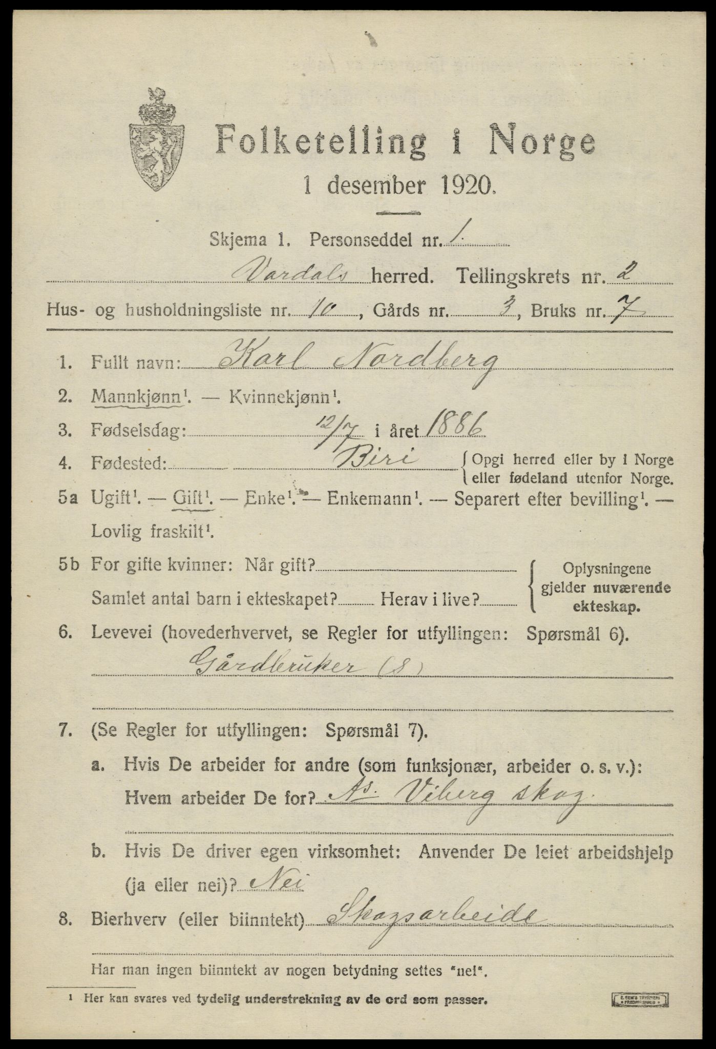 SAH, 1920 census for Vardal, 1920, p. 2573