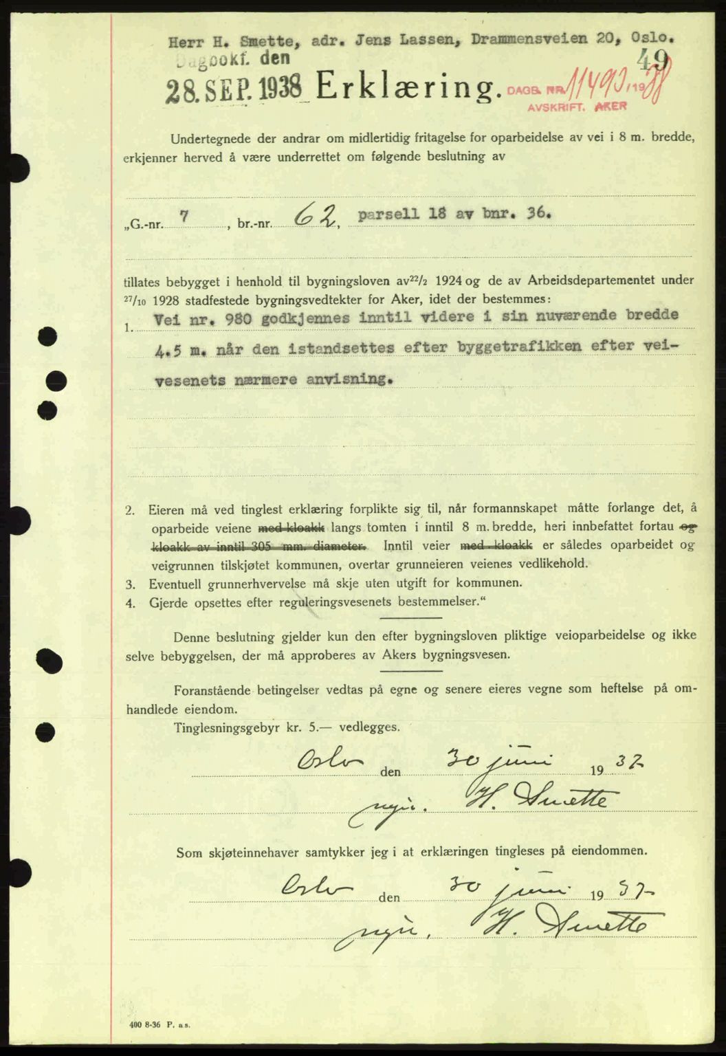 Aker herredsskriveri, SAO/A-10896/G/Gb/Gba/Gbab/L0025: Mortgage book no. A154-155, 1938-1938, Diary no: : 11493/1938