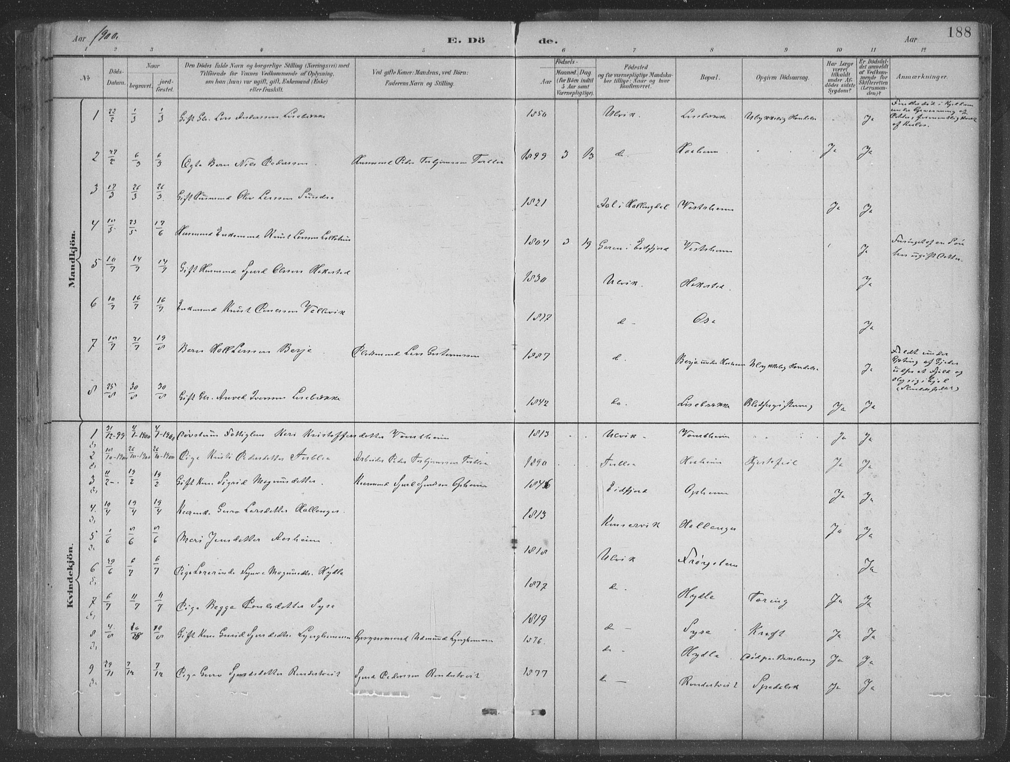 Ulvik sokneprestembete, AV/SAB-A-78801/H/Hab: Parish register (copy) no. A 3, 1883-1908, p. 188