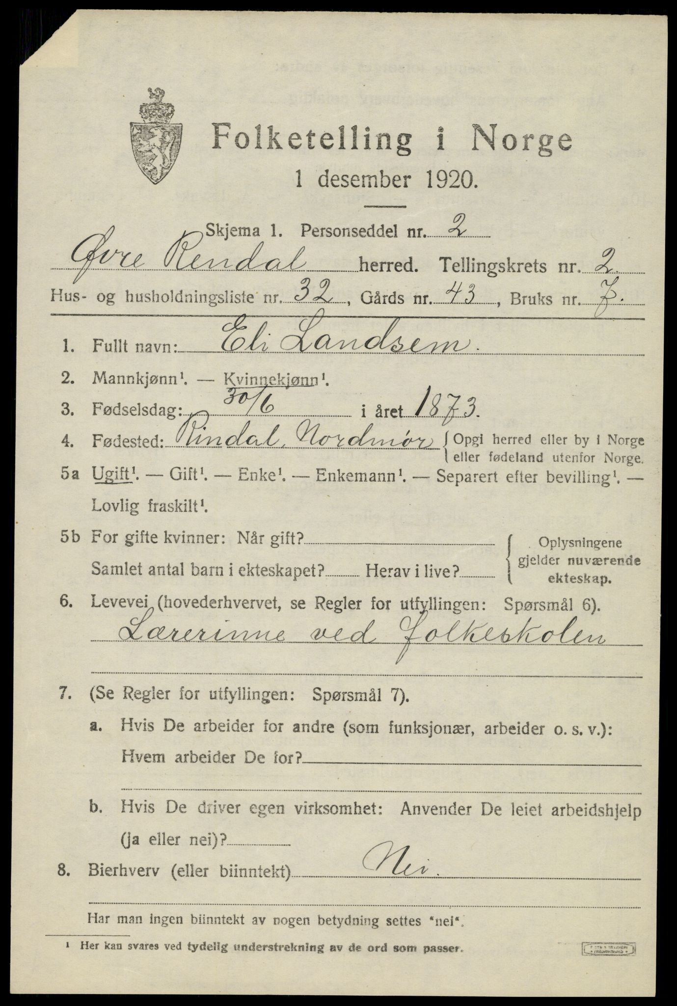 SAH, 1920 census for Øvre Rendal, 1920, p. 1299