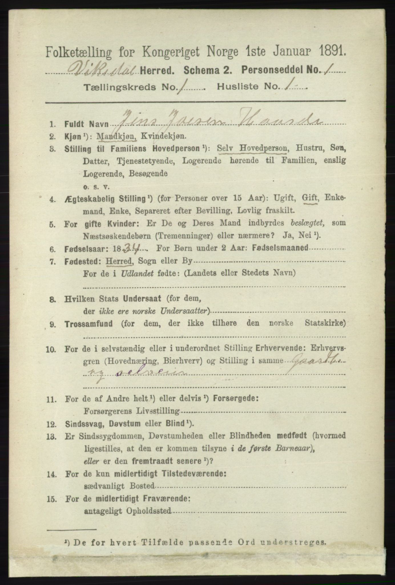 RA, 1891 census for 1157 Vikedal, 1891, p. 60