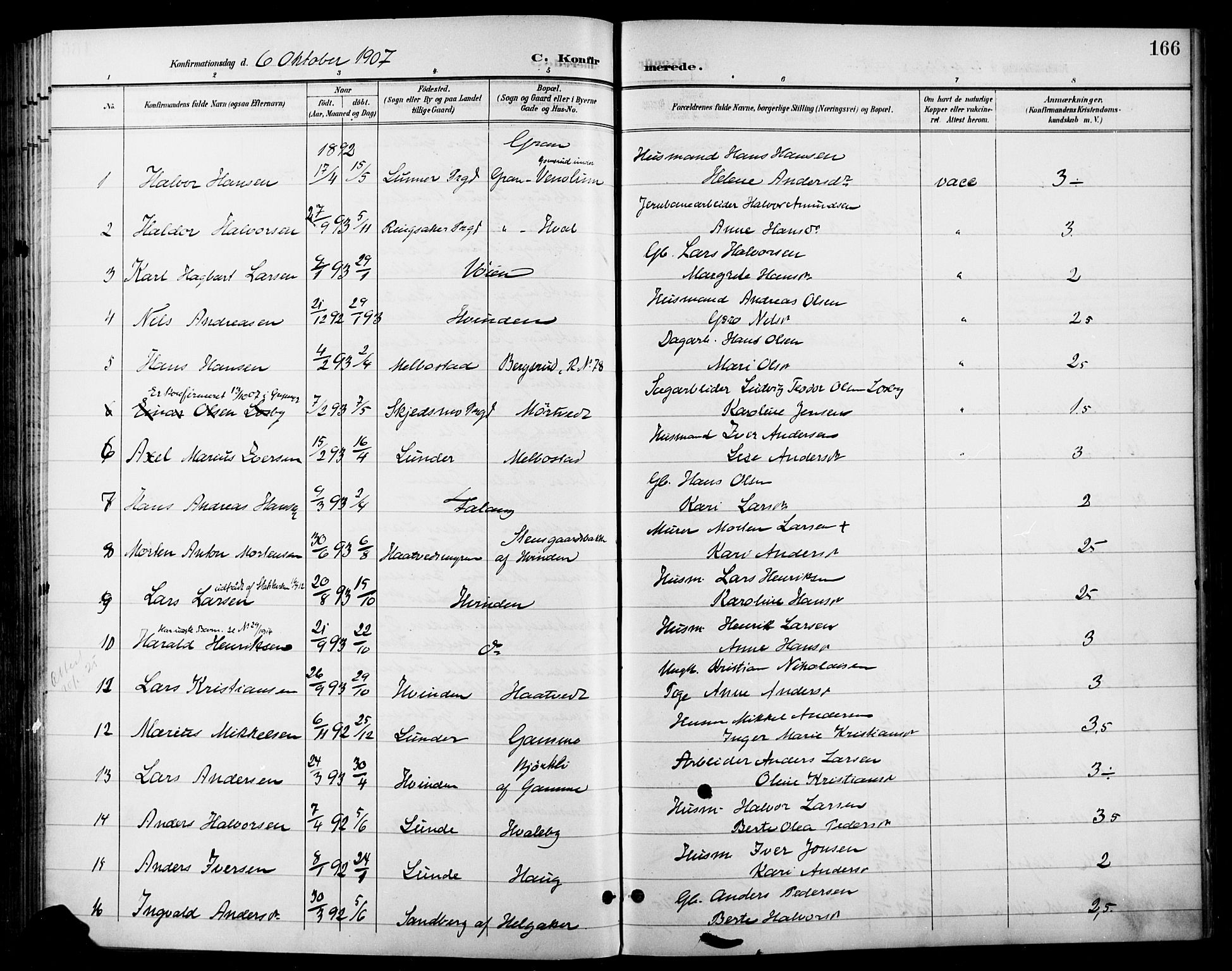 Gran prestekontor, SAH/PREST-112/H/Ha/Haa/L0019: Parish register (official) no. 19, 1898-1907, p. 166