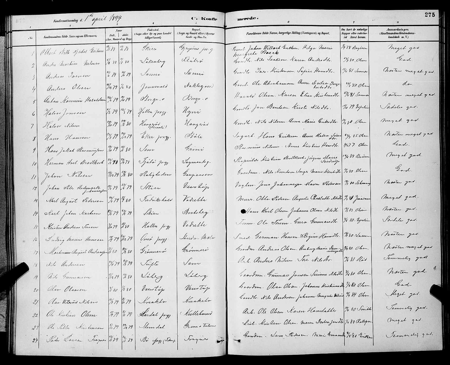 Gjerpen kirkebøker, SAKO/A-265/G/Ga/L0002: Parish register (copy) no. I 2, 1883-1900, p. 275