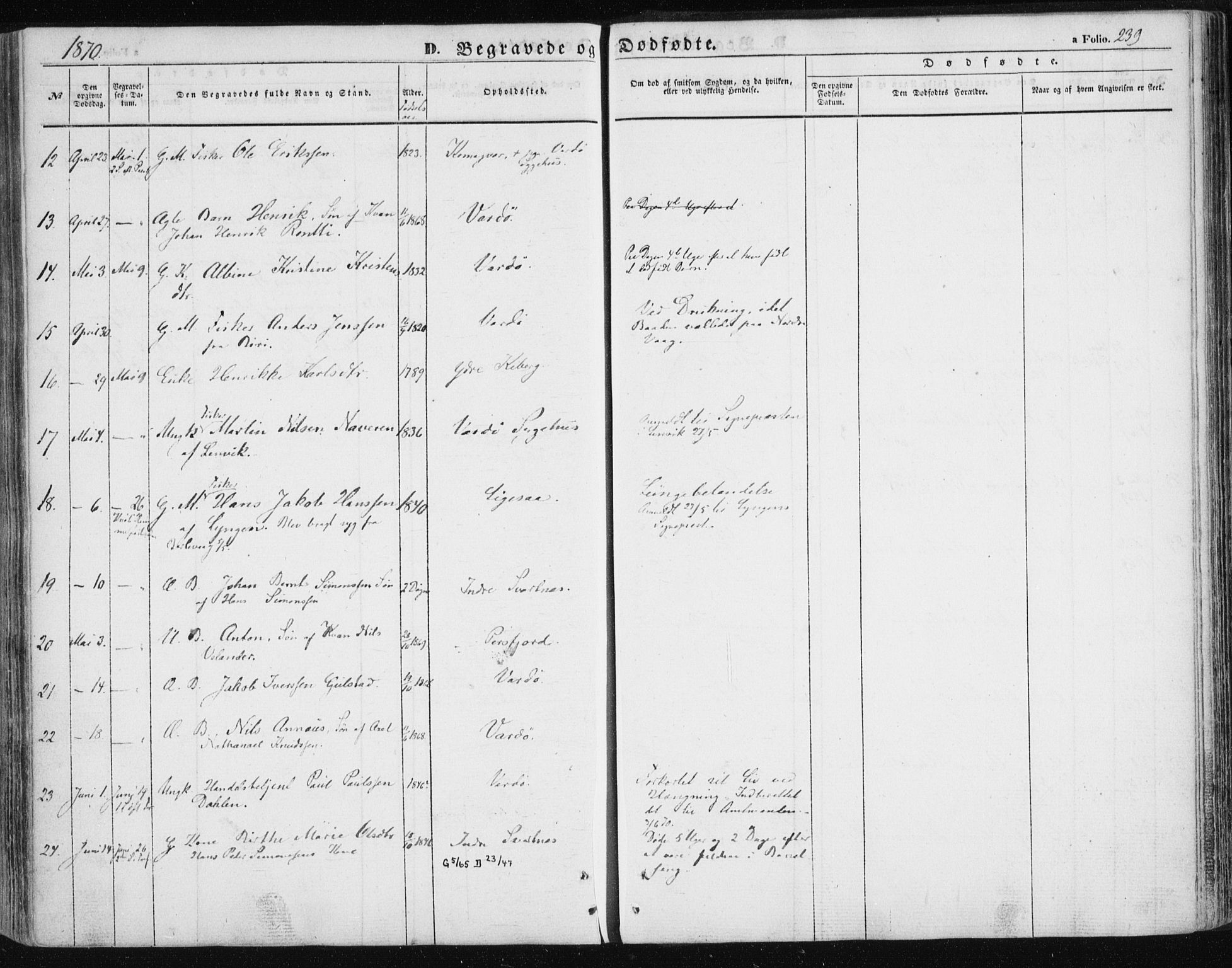 Vardø sokneprestkontor, SATØ/S-1332/H/Ha/L0004kirke: Parish register (official) no. 4, 1862-1871, p. 239
