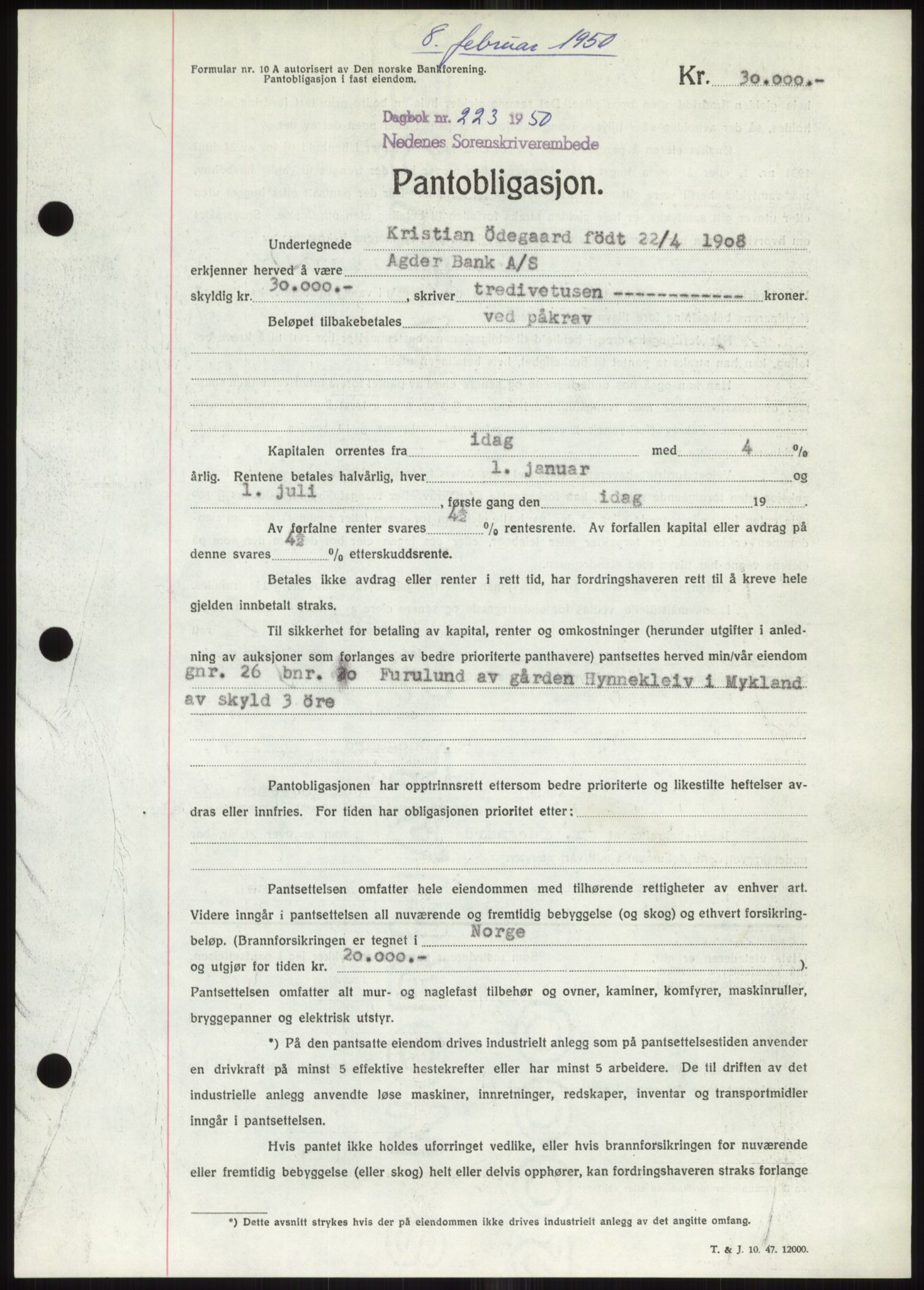 Nedenes sorenskriveri, AV/SAK-1221-0006/G/Gb/Gbb/L0007: Mortgage book no. B7, 1949-1950, Diary no: : 223/1950