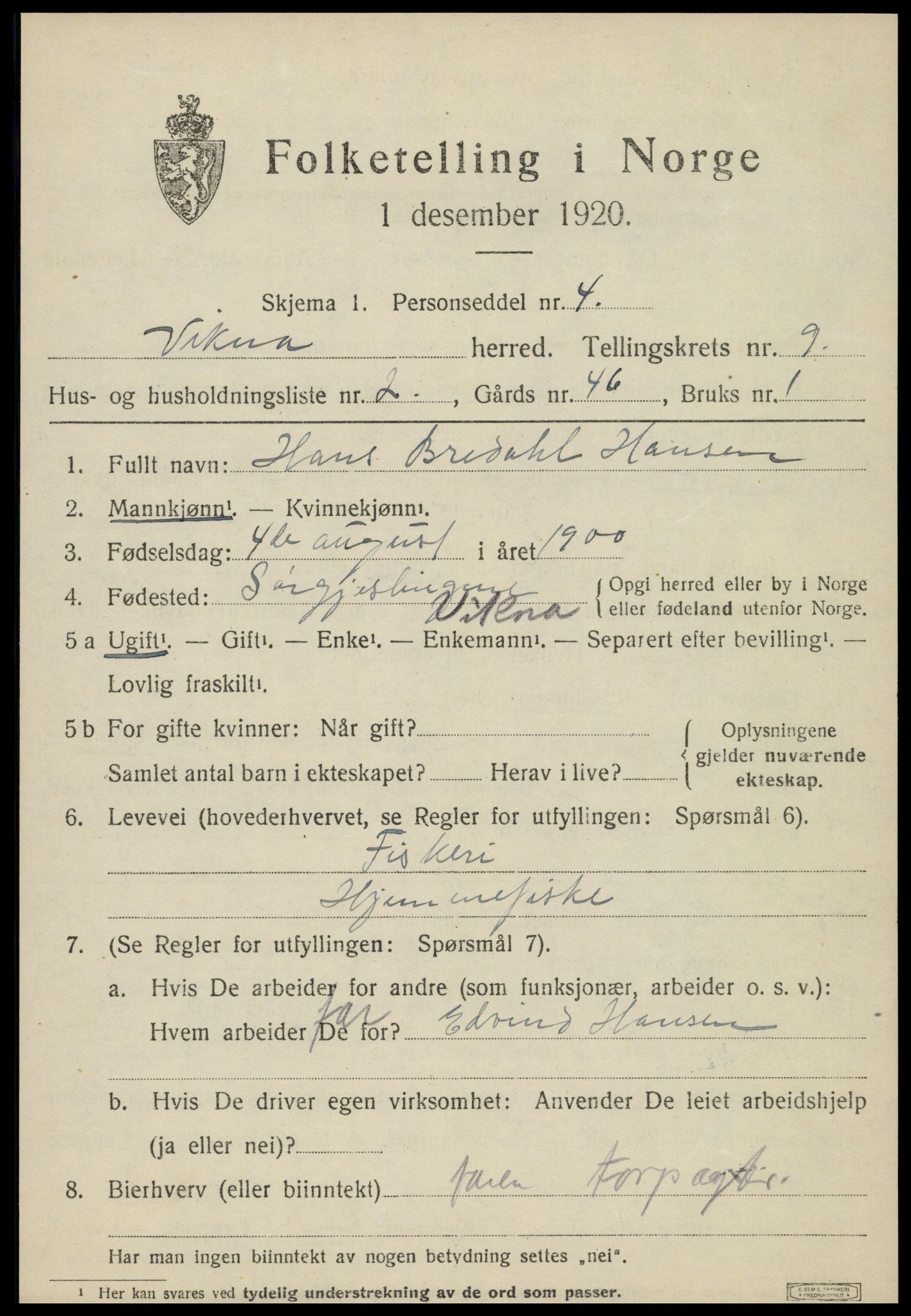 SAT, 1920 census for Vikna, 1920, p. 6455