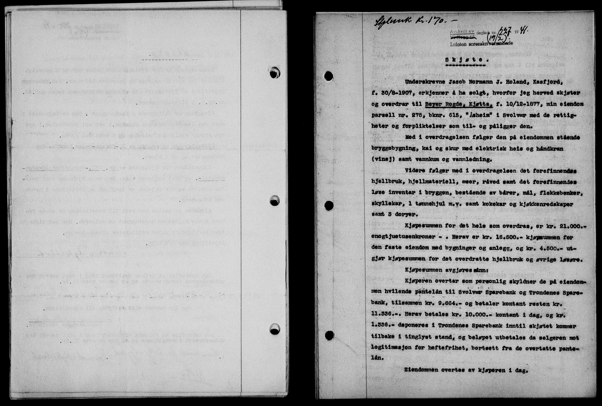 Lofoten sorenskriveri, SAT/A-0017/1/2/2C/L0008a: Mortgage book no. 8a, 1940-1941, Diary no: : 227/1941