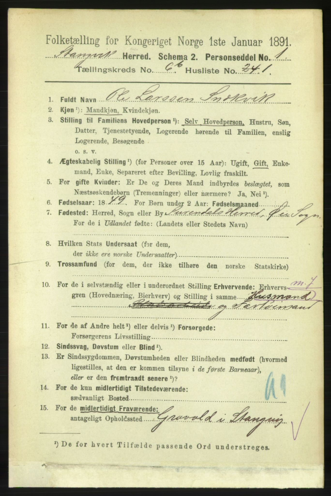 RA, 1891 census for 1564 Stangvik, 1891, p. 2936