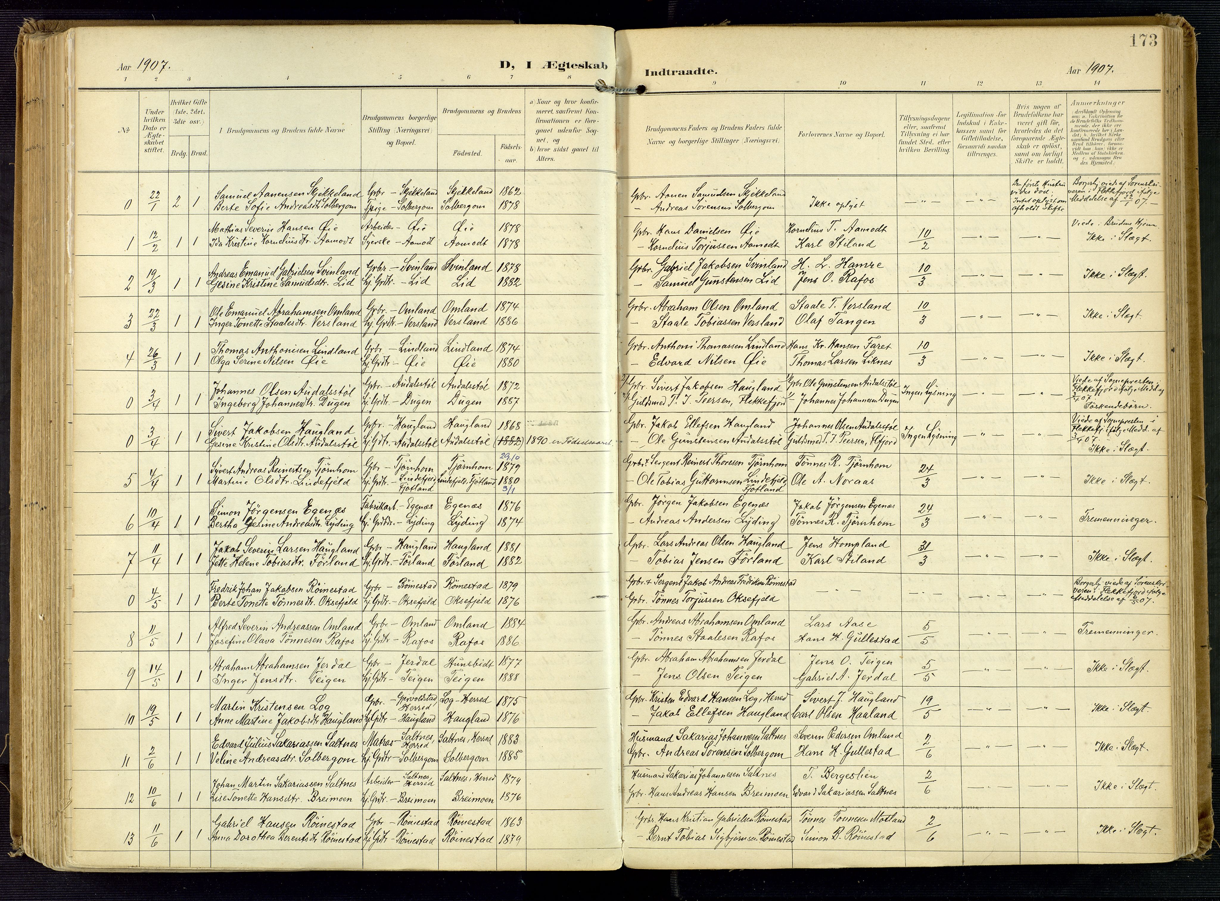 Kvinesdal sokneprestkontor, AV/SAK-1111-0026/F/Fa/Fab/L0009: Parish register (official) no. A 9, 1898-1915, p. 173