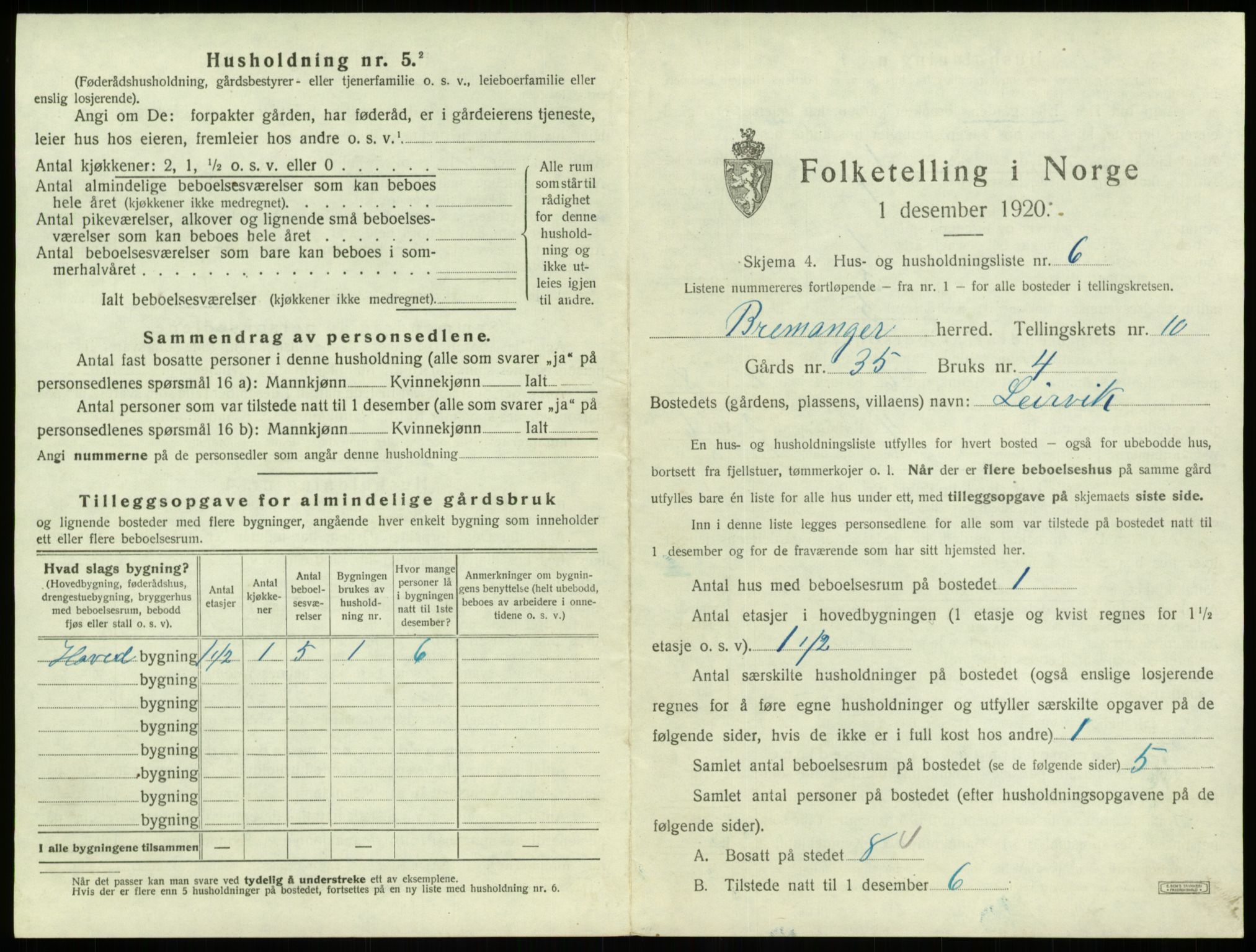 SAB, 1920 census for Bremanger, 1920, p. 724