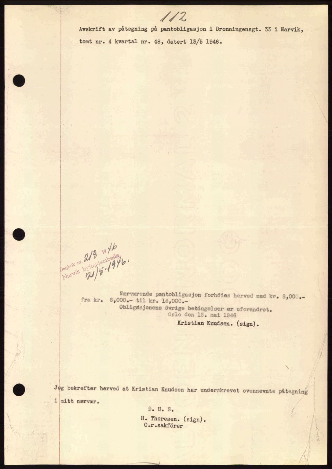 Narvik sorenskriveri, SAT/A-0002/1/2/2C/2Ca: Mortgage book no. A21, 1946-1947, Diary no: : 218/1946