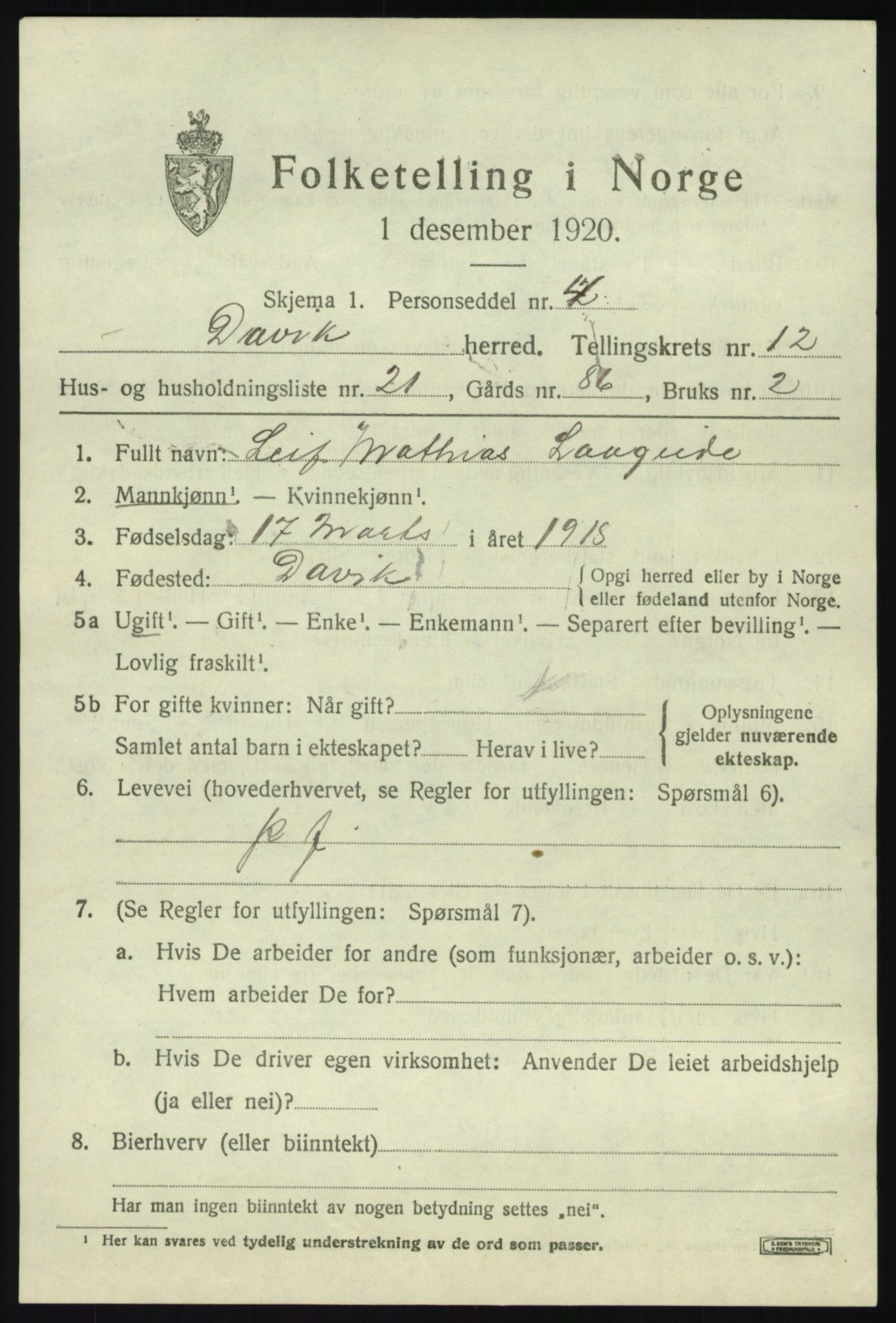 SAB, 1920 census for Davik, 1920, p. 6065