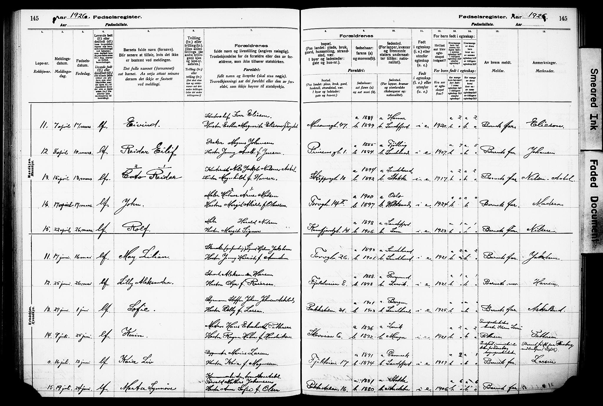 Sandefjord kirkebøker, AV/SAKO-A-315/J/Ja/L0001: Birth register no. 1, 1916-1932, p. 145