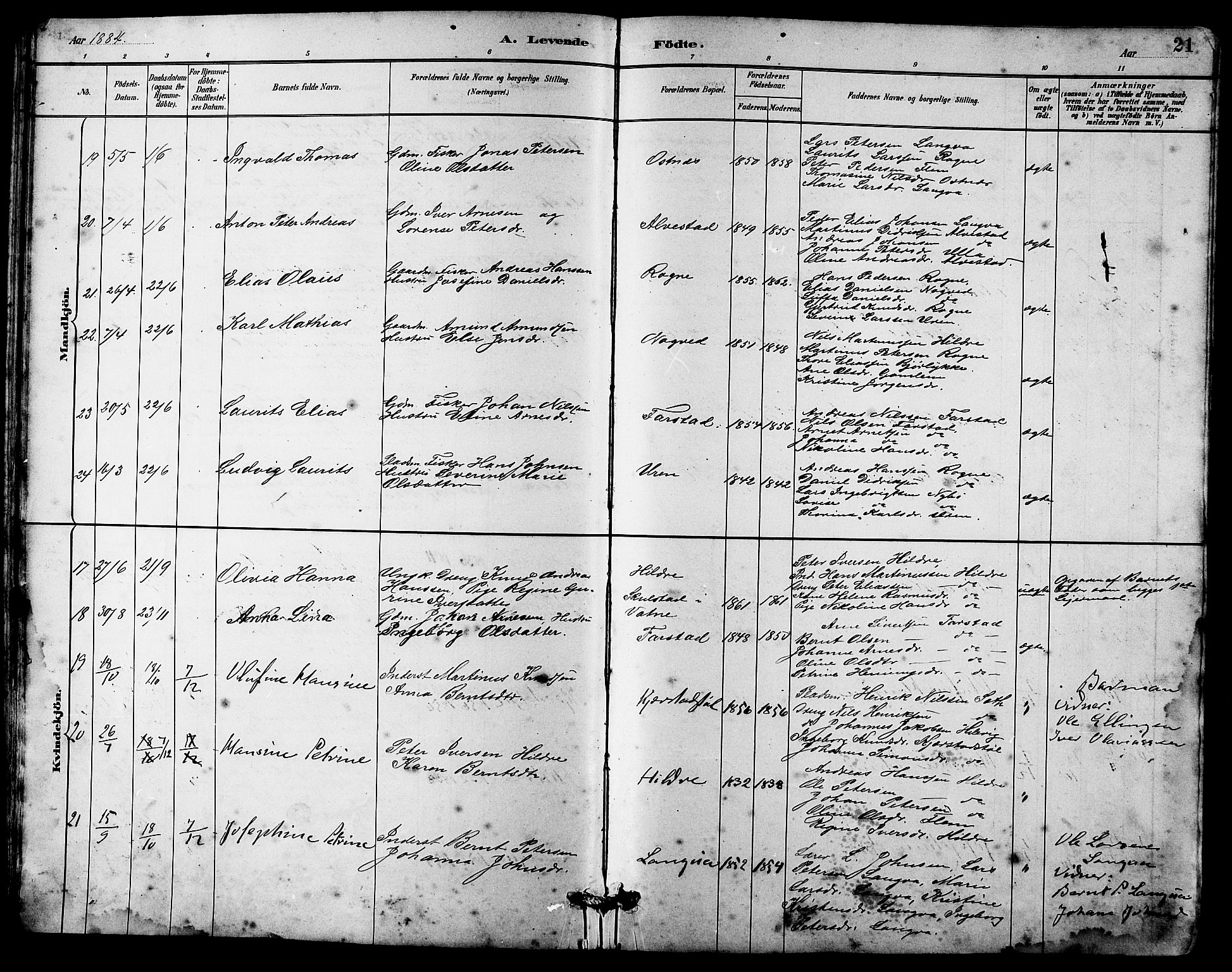 Ministerialprotokoller, klokkerbøker og fødselsregistre - Møre og Romsdal, AV/SAT-A-1454/536/L0510: Parish register (copy) no. 536C05, 1881-1898, p. 21