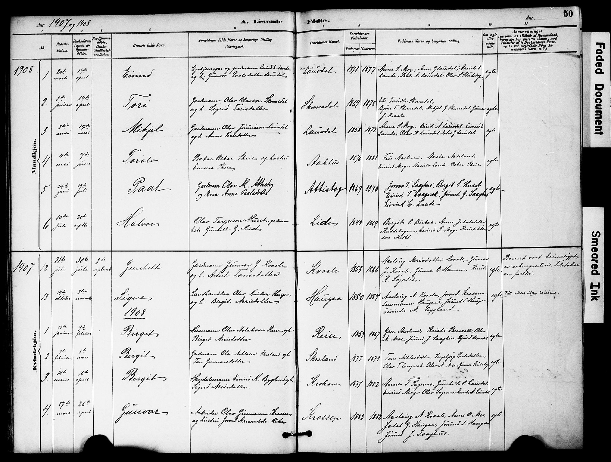 Bygland sokneprestkontor, AV/SAK-1111-0006/F/Fa/Fab/L0007: Parish register (official) no. A 7, 1885-1909, p. 50