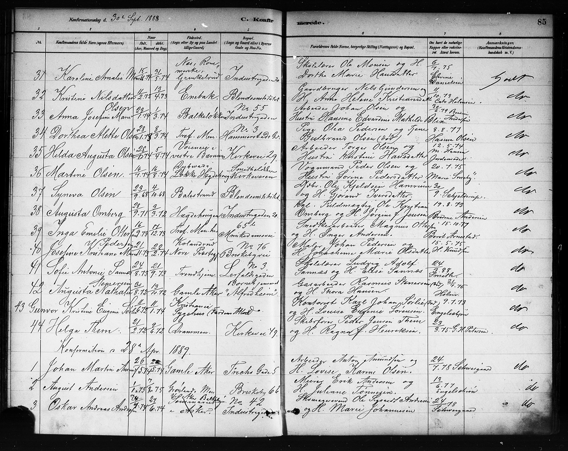 Uranienborg prestekontor Kirkebøker, SAO/A-10877/F/Fa/L0002: Parish register (official) no. 2, 1880-1896, p. 85